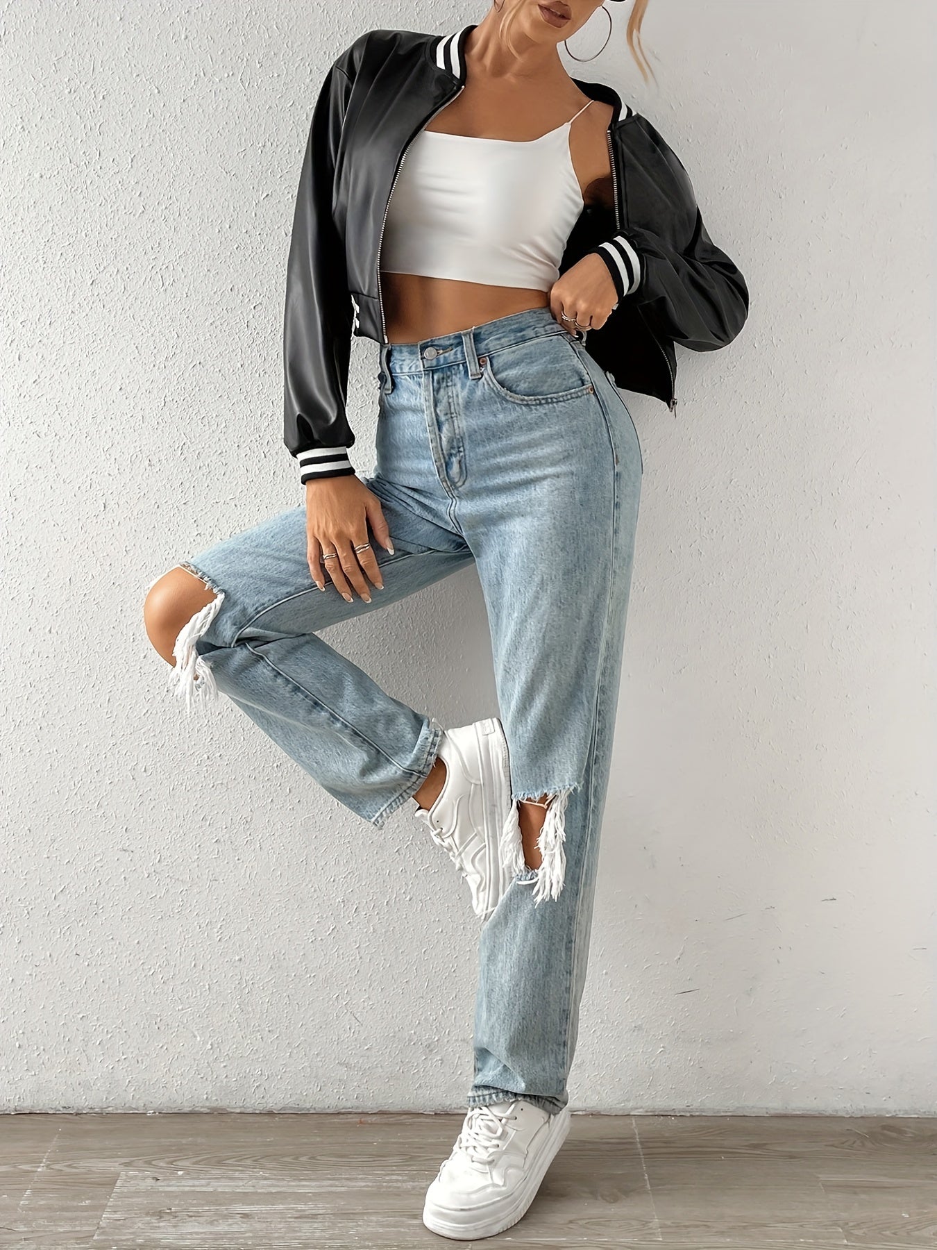 Faux Leather Crop Jacket, Y2K Zip Front Long Sleeve Jacket For Fall & Winter, Women's Clothing