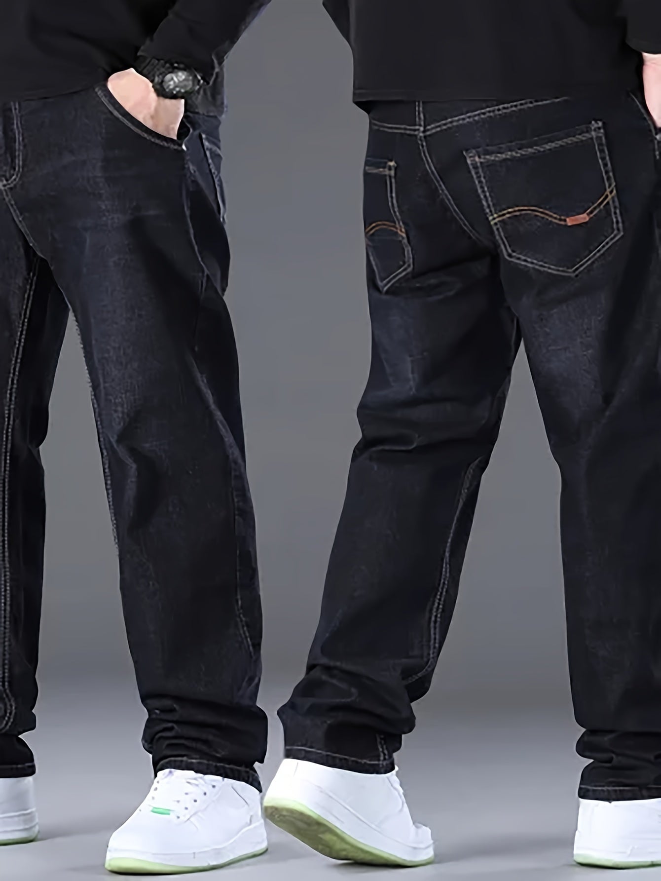 vlovelaw Plus Size Men's Solid Denim Pants Casual Oversized Loose Fit Jeans For Spring Fall Winter, Men's Clothing