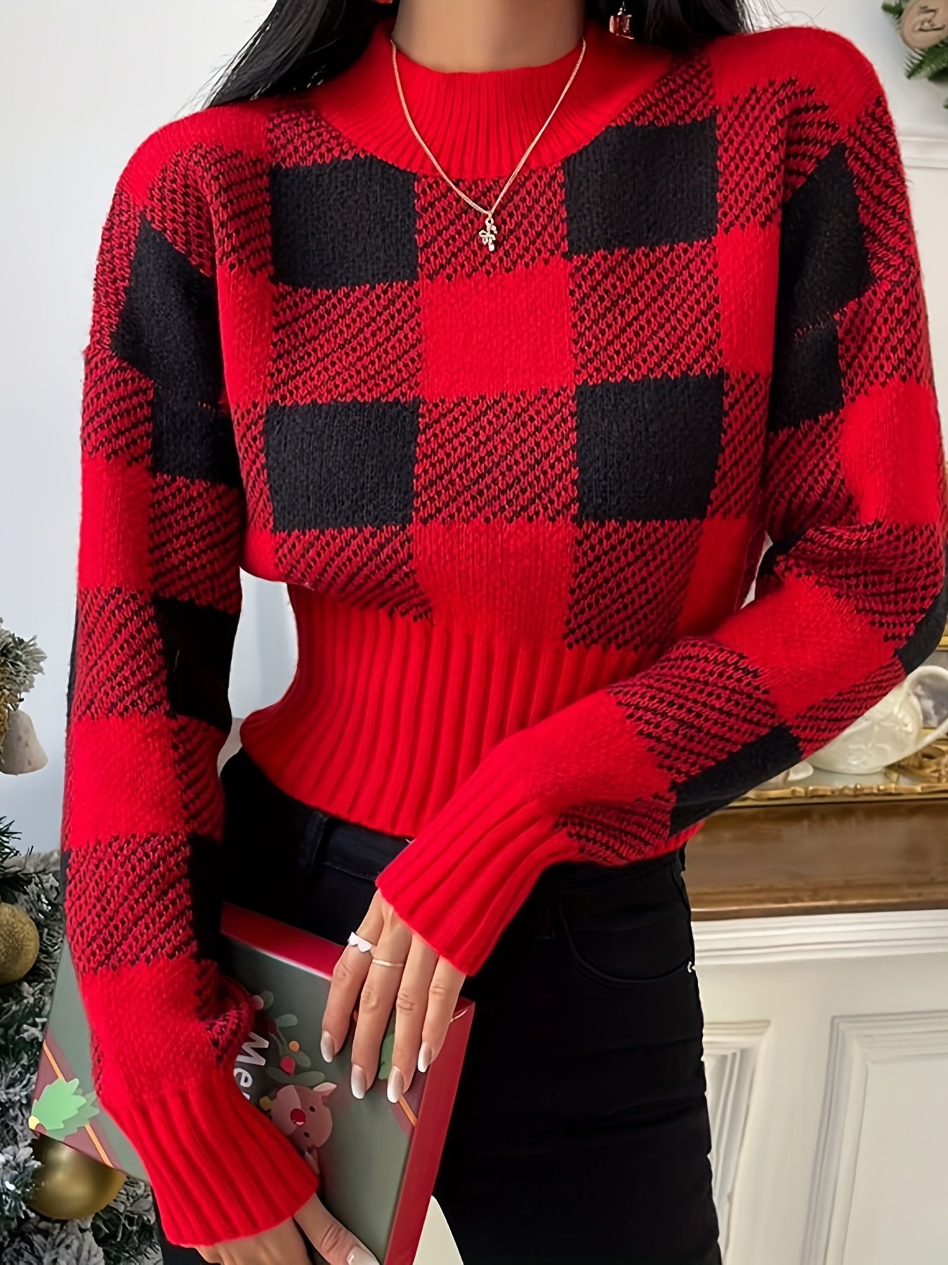 vlovelaw Plaid Crew Neck Pullover Sweater, Casual Long Sleeve Fall Winter Sweater, Women's Clothing