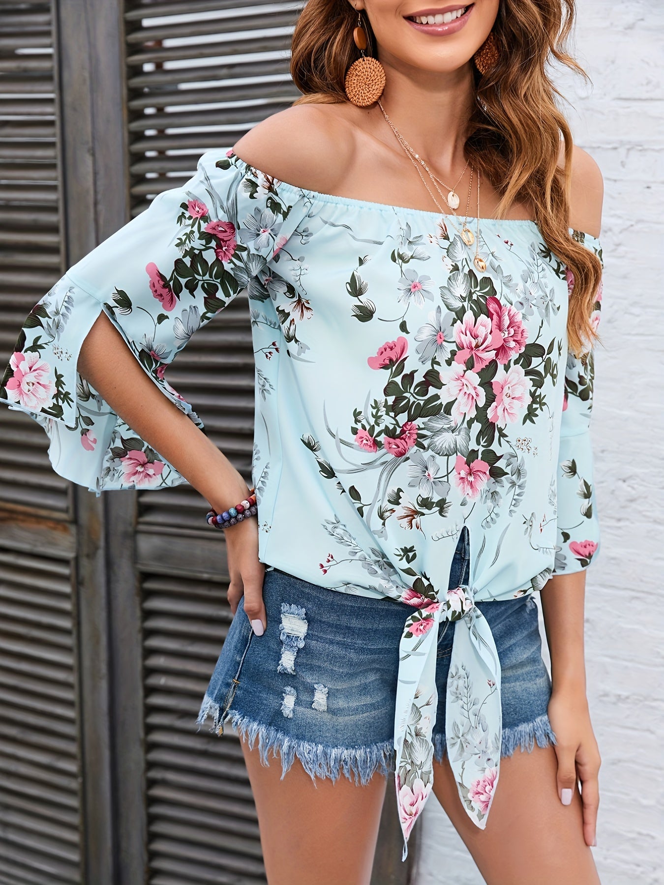vlovelaw Floral Print Off Shoulder Blouse, Casual Half Sleeve Blouse For Spring & Summer, Women's Clothing