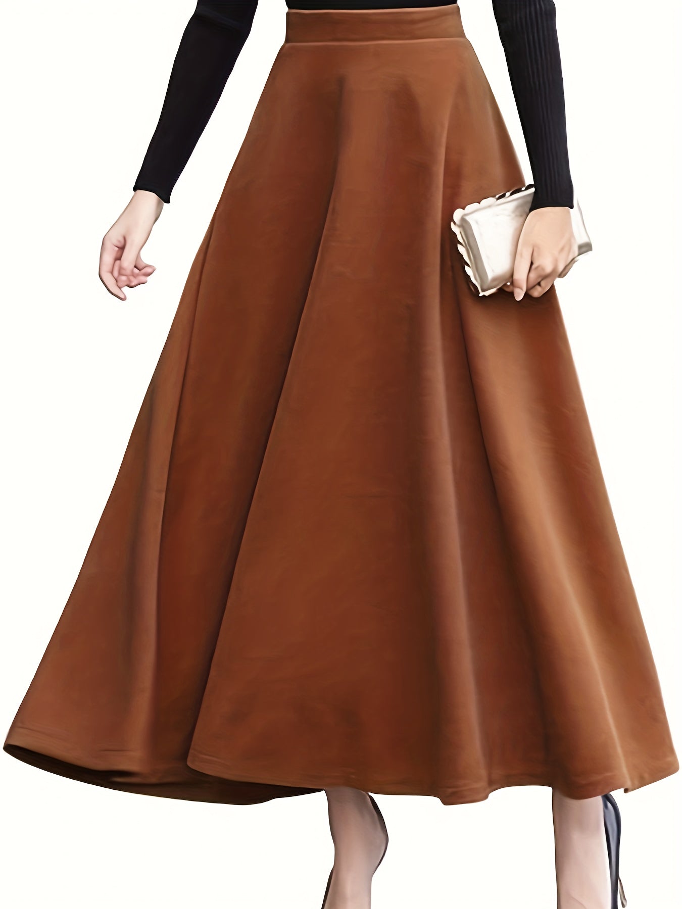 Plus Size Elegant Skirt, Women's Plus Solid High Rise Swing A-line Maxi Woolen Skirt