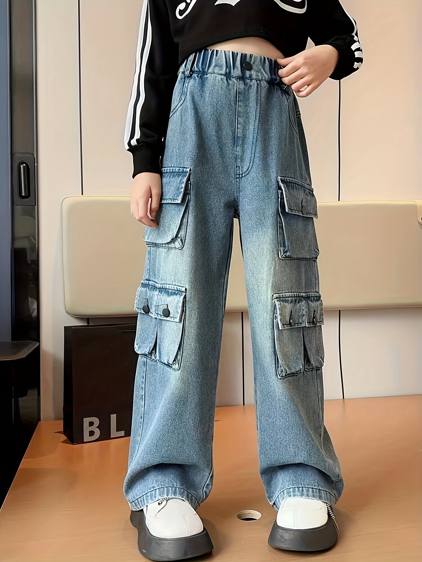 Girls' Autumn/winter Trousers, Trendy Loose Straight Multi-pocket Cargo Denim Pants, Kids' Jeans For Outdoor, Kids Clothing