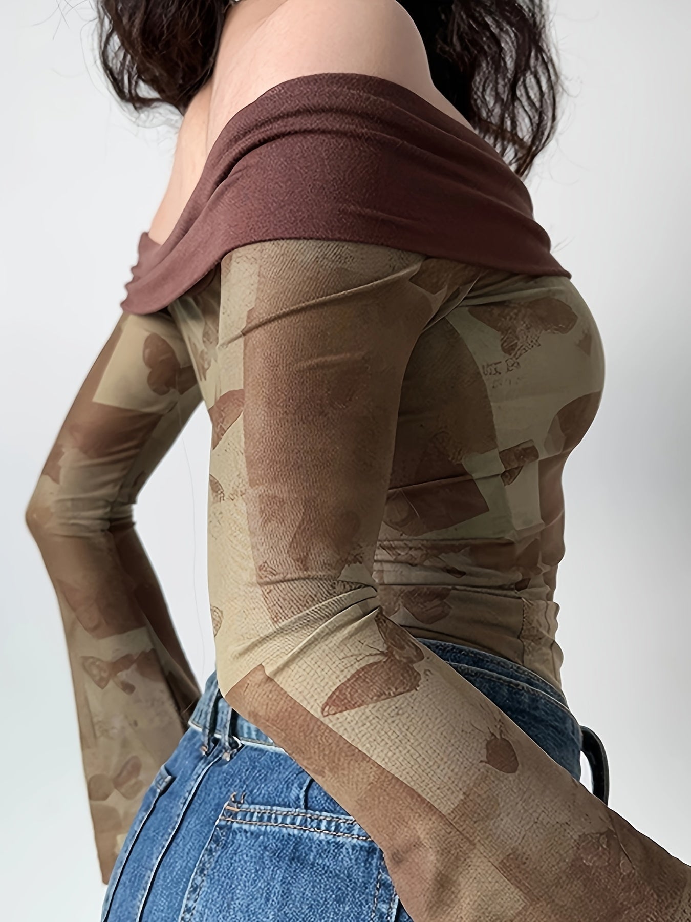 vlovelaw Butterfly Print Off Shoulder T-Shirt, Casual Long Sleeve Top For Spring & Fall, Women's Clothing