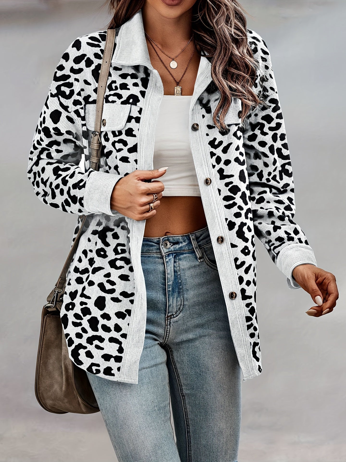 vlovelaw Leopard Print Shacket Jacket, Casual Button Front Turn Down Collar Long Sleeve Outerwear, Women's Clothing