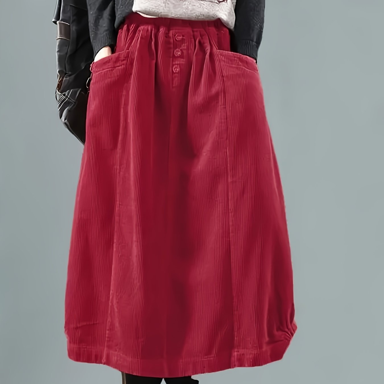 vlovelaw Solid Loose Corduroy Skirt, Casual Elastic Waist Maxi Skirt With Pocket, Women's Clothing