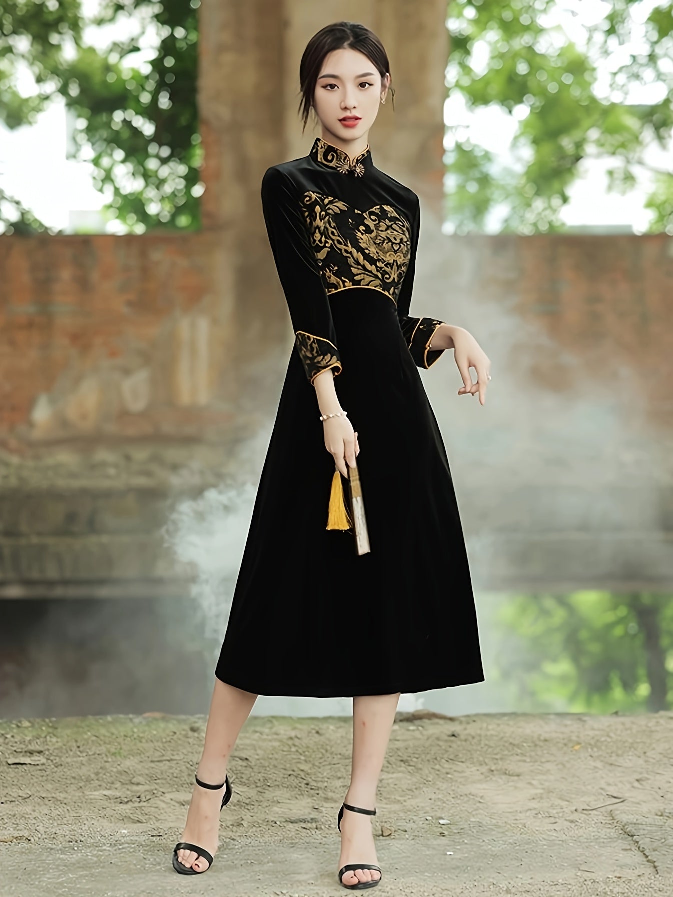 Chinese Vintage Cheongsam, Bodycon Short Sleeve Frog Button Mandarin Collar Dress, Women's Clothing