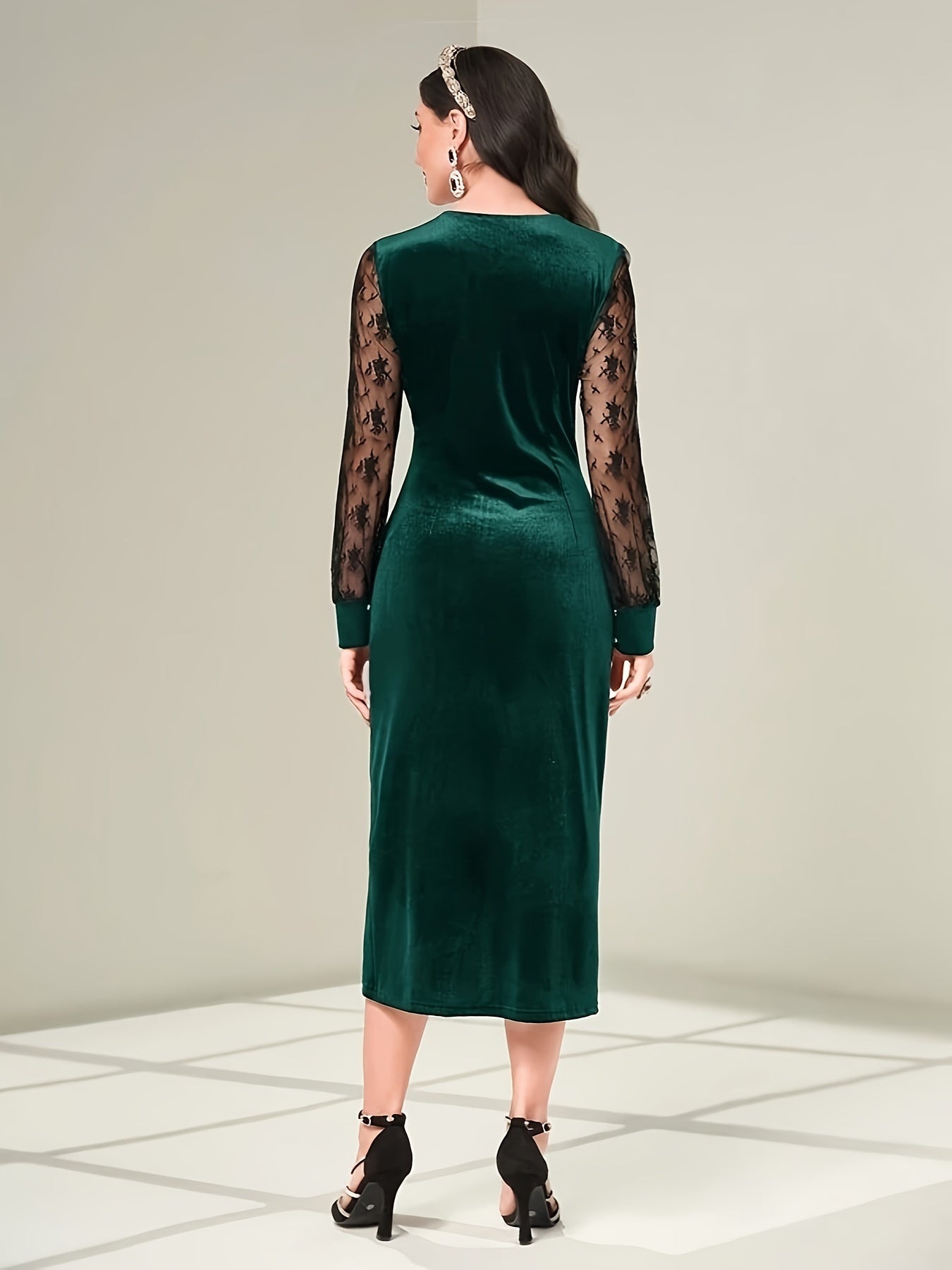 vlovelaw Contrast Lace Bodycon Dress, Elegant Long Sleeve Dress For Party & Banquet, Women's Clothing