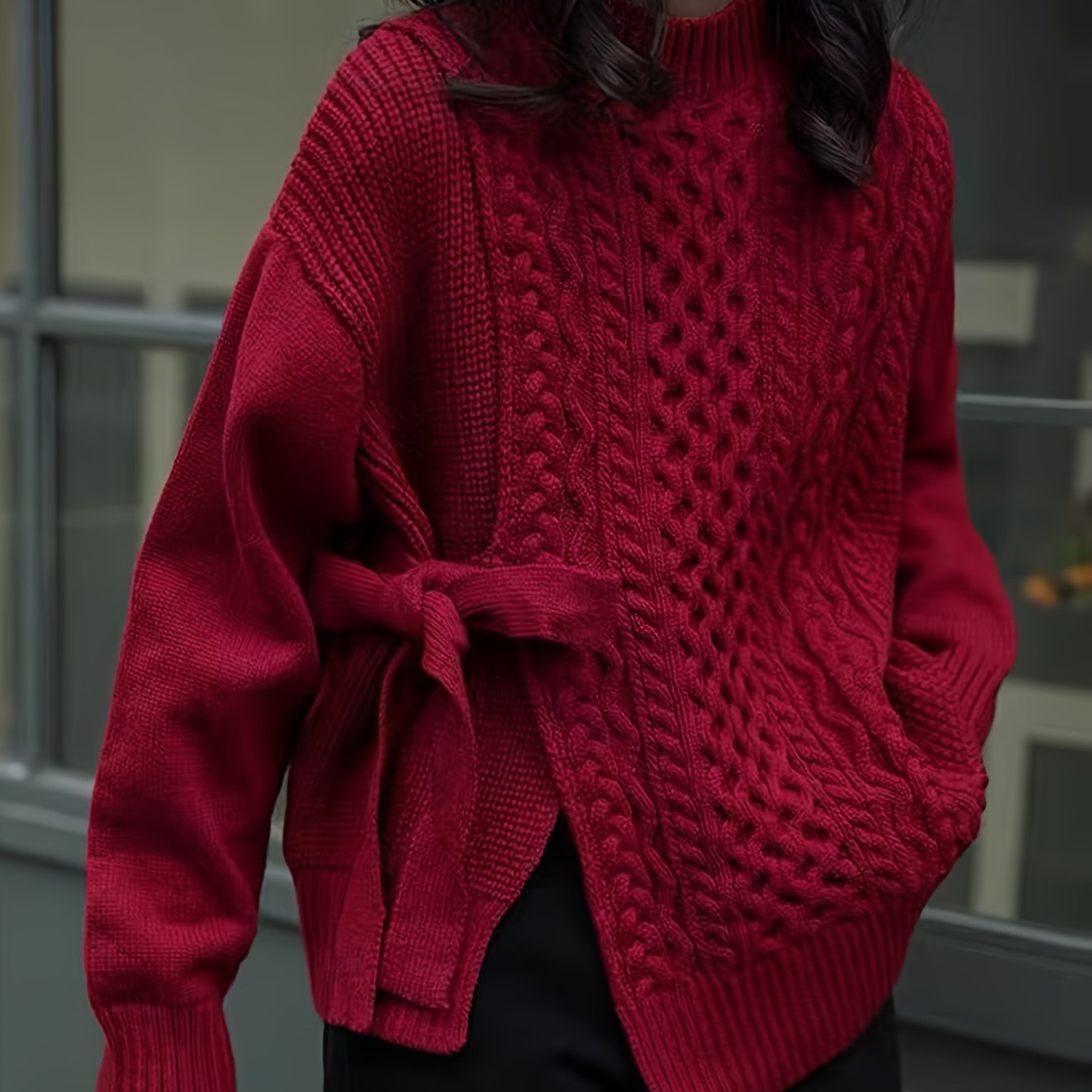 vlovelaw Solid Lace Up Cable Knit Sweater, Casual Mock Neck Long Sleeve Loose Pullover Sweater, Women's Clothing