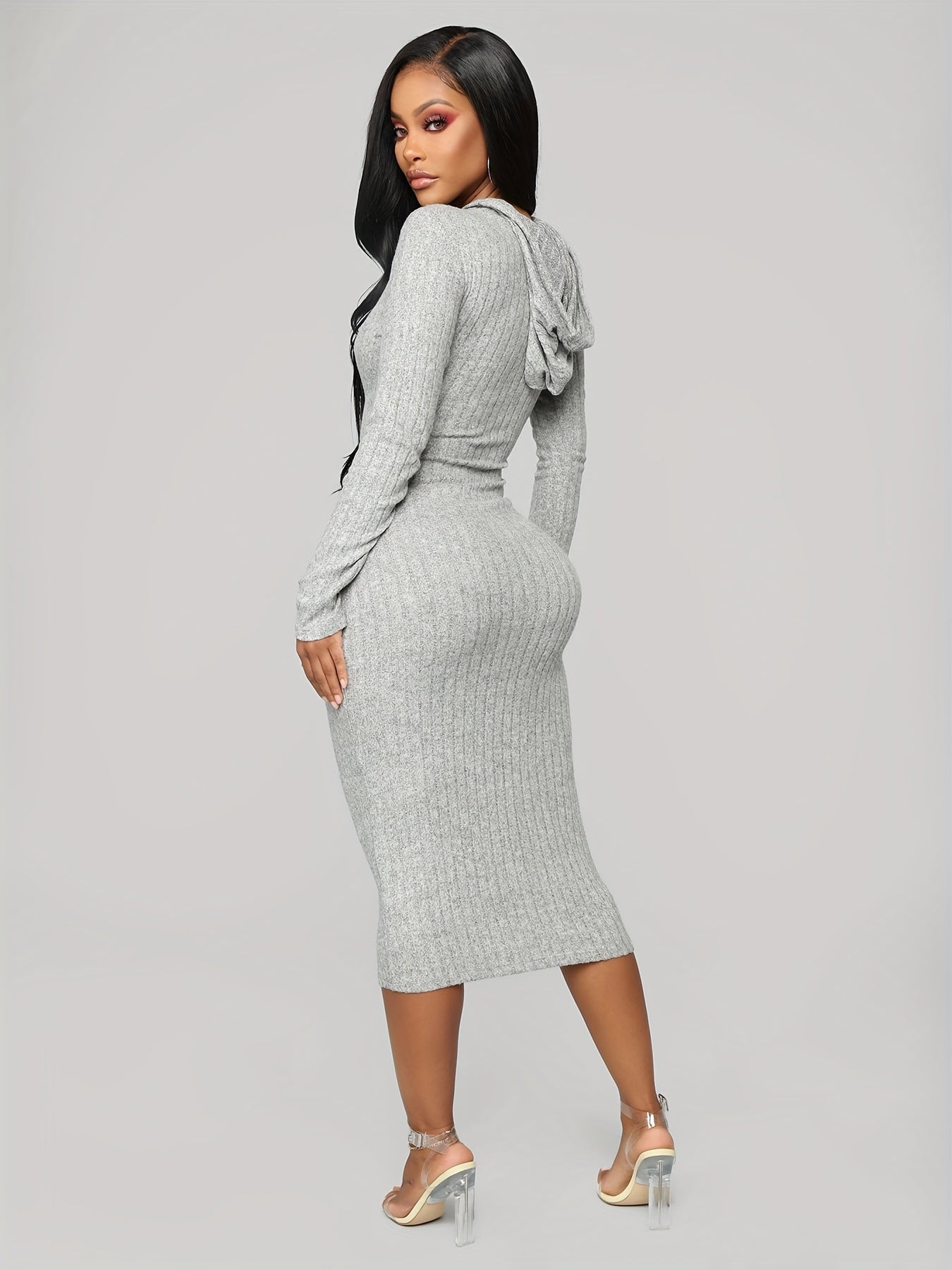 Ribbed Hooded Bodycon Dress, Casual Long Sleeve Drawstring Midi Dress, Women's Clothing