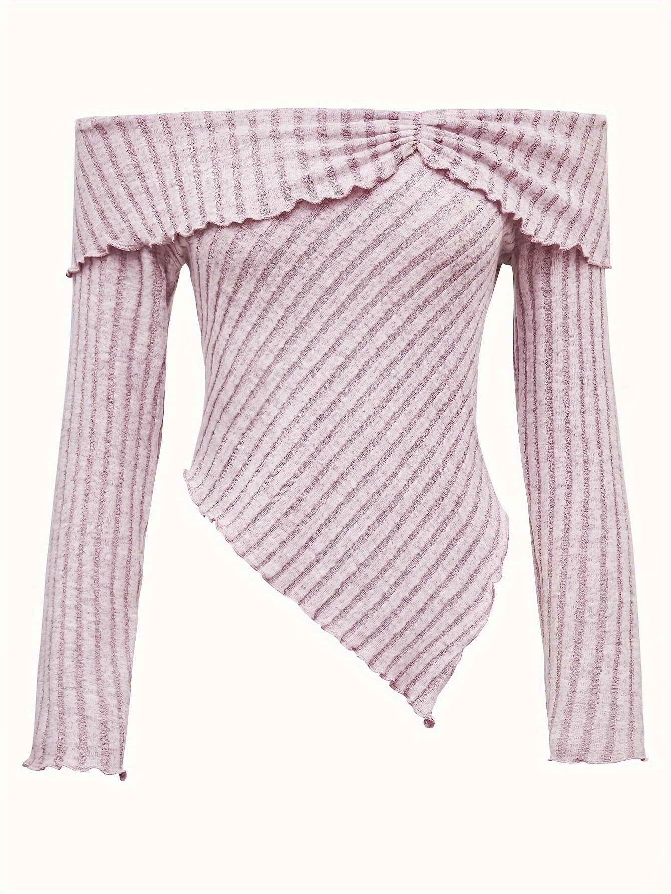 vlovelaw Ribbed Off Shoulder Asymmetrical Hem T-Shirt, Casual Long Sleeve Top For Spring & Fall, Women's Clothing