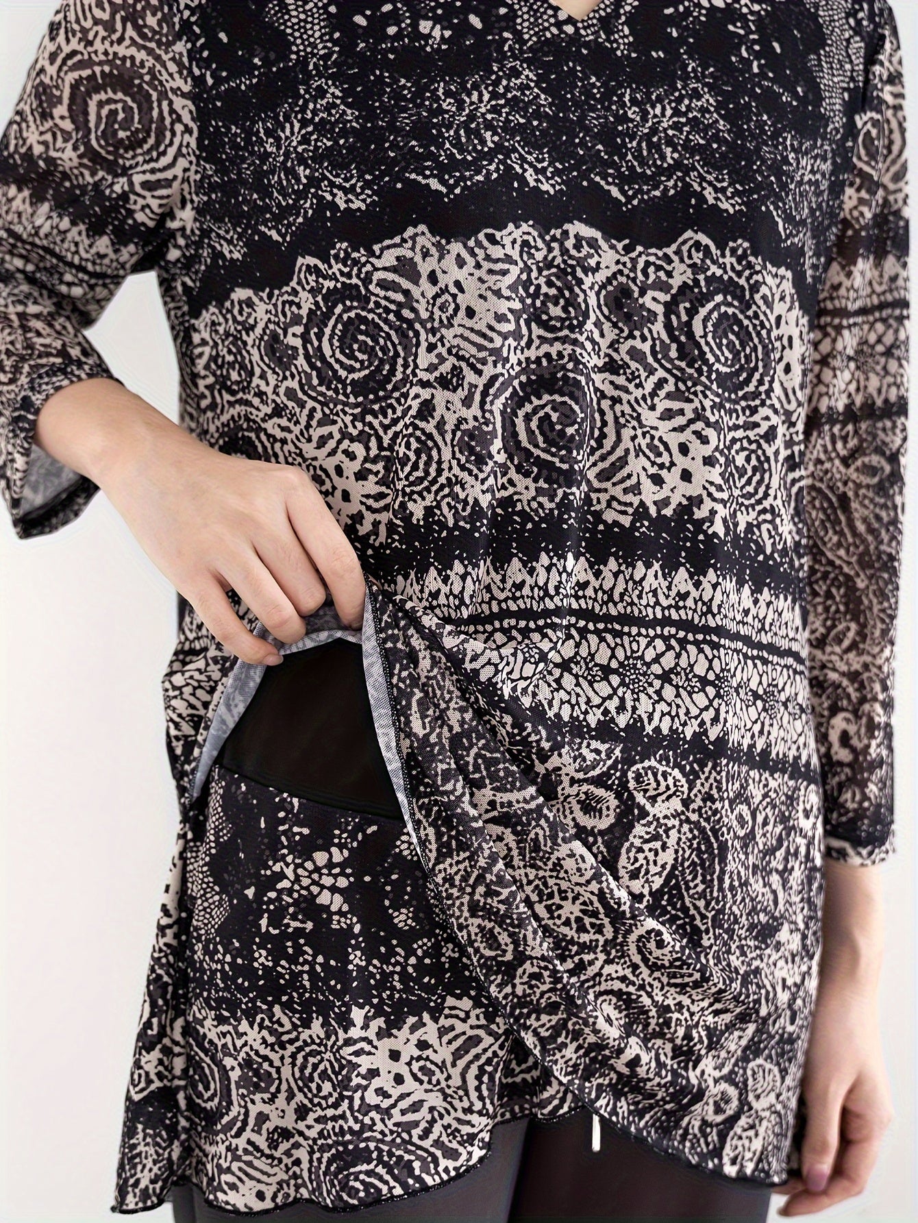 All Over Print V Neck Blouse, Elegant Long Sleeve Blouse For Spring & Fall, Women's Clothing