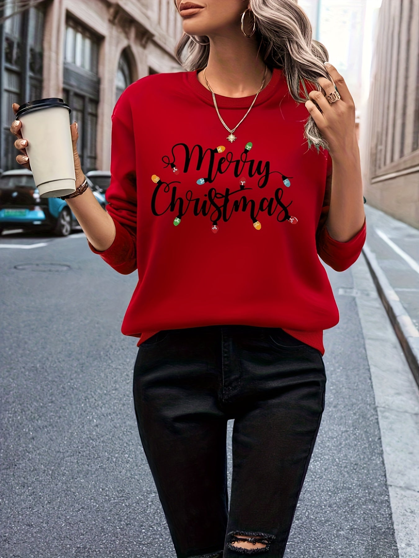Christmas Print Pullover Sweatshirt - Cozy Casual Long Sleeve Crew Neck Sweatshirt for Fall and Winter, Women's Comfortable Clothing for Holiday Season