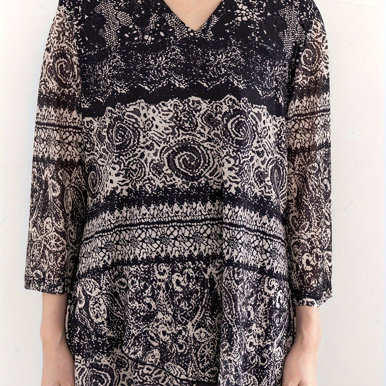 All Over Print V Neck Blouse, Elegant Long Sleeve Blouse For Spring & Fall, Women's Clothing