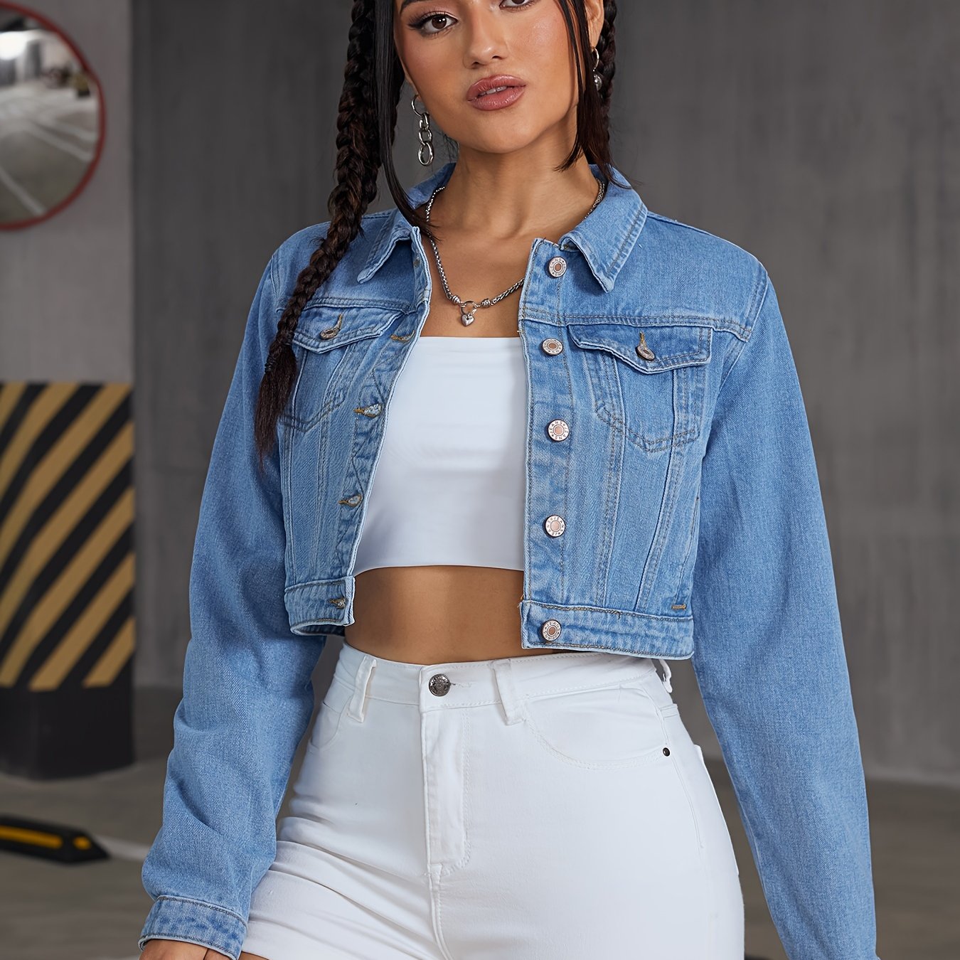 vlovelaw  Blue Long Sleeves Denim Jackets, Single Breasted Button Lapel Crop Denim Coats, Women's Denim Clothing