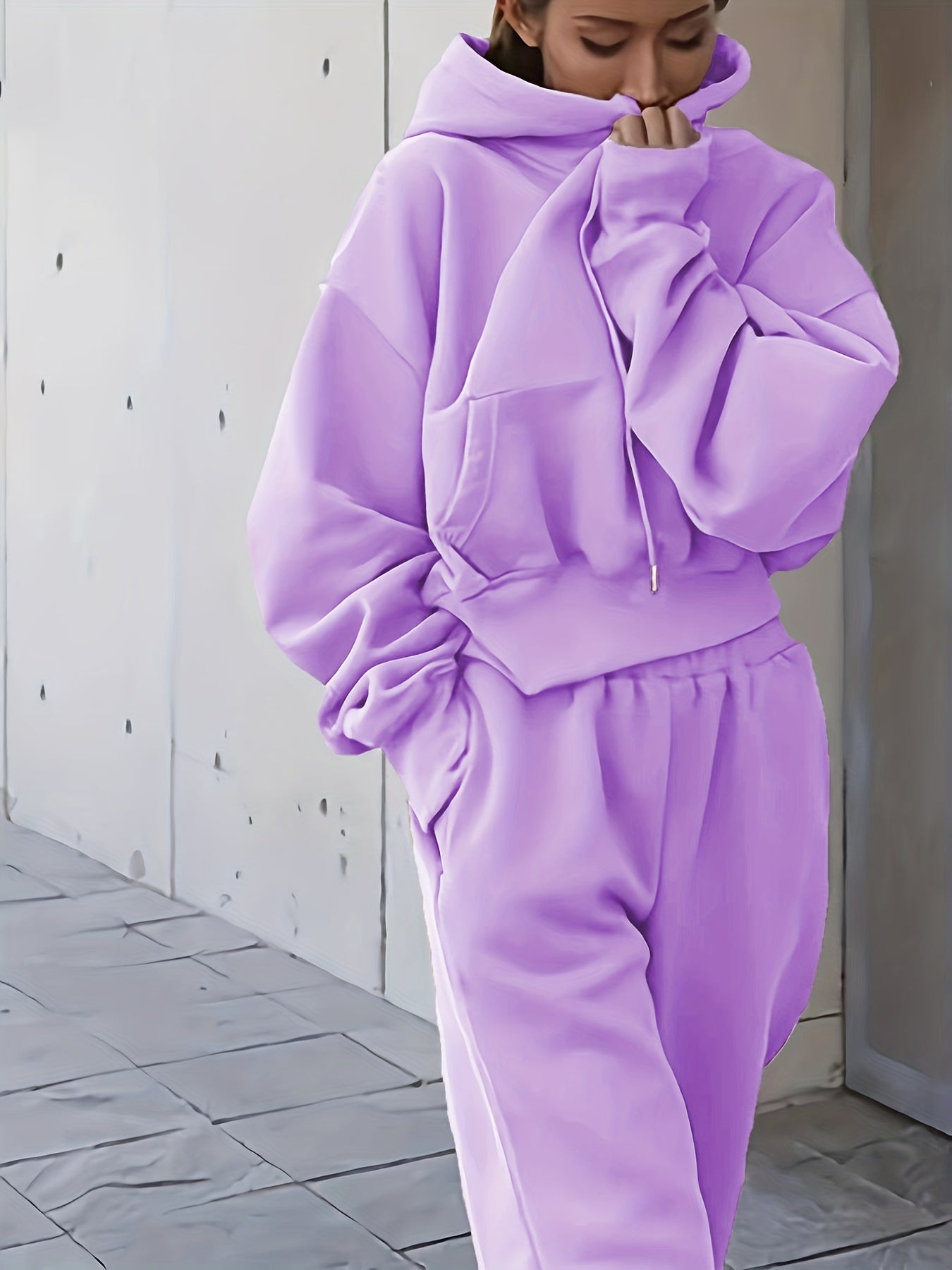 vlovelaw 2pcs Athleisure Set, Oversized Solid Hooded Pocket Drawstring Sweatshirts & Sweatpants Sets, Women's Clothing