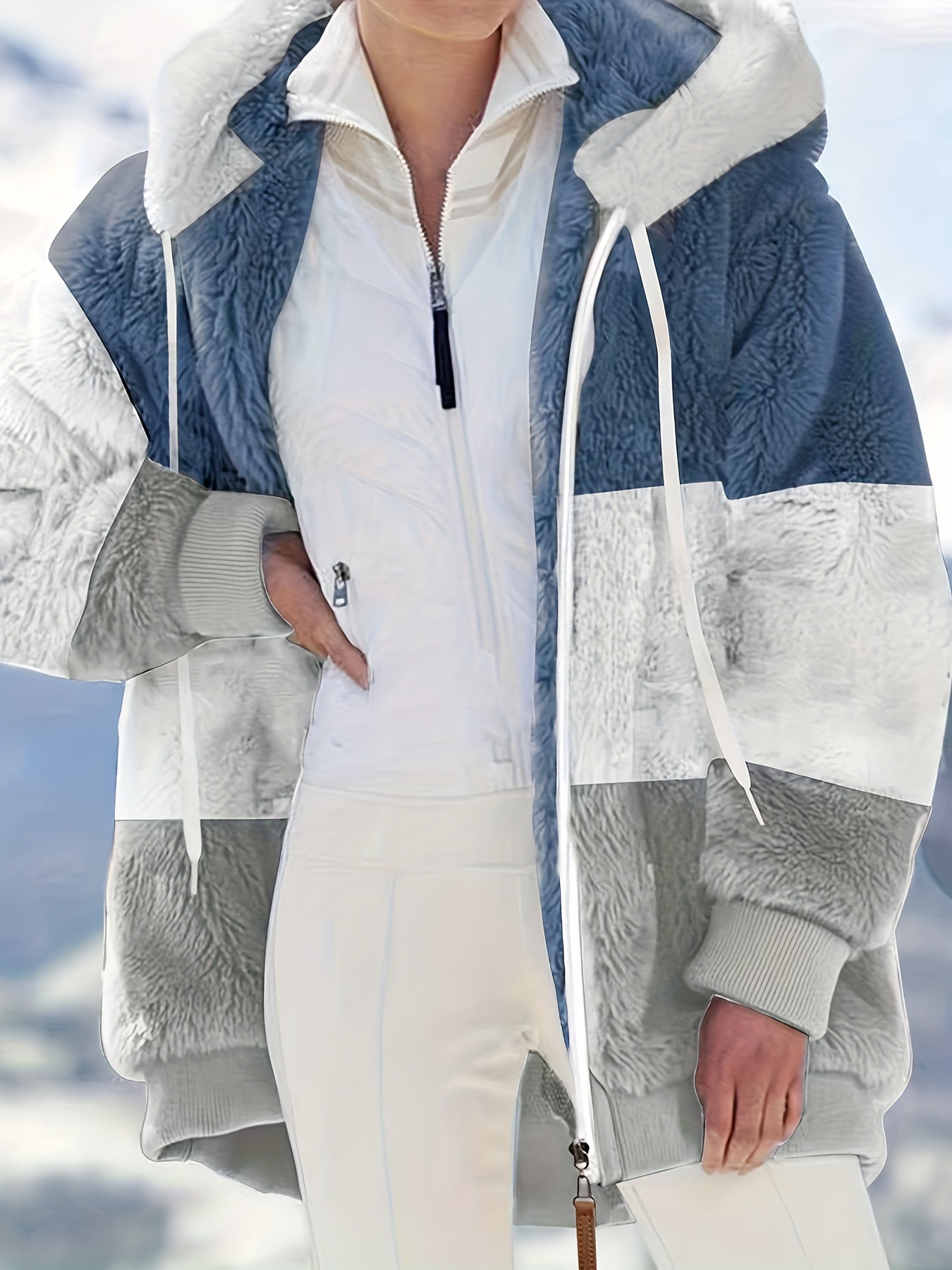 vlovelaw Plus Size Colorblock Fuzzy Hoodie Drawstring Zip Up Coat, Women's Plus Pocket Casual Overcoat