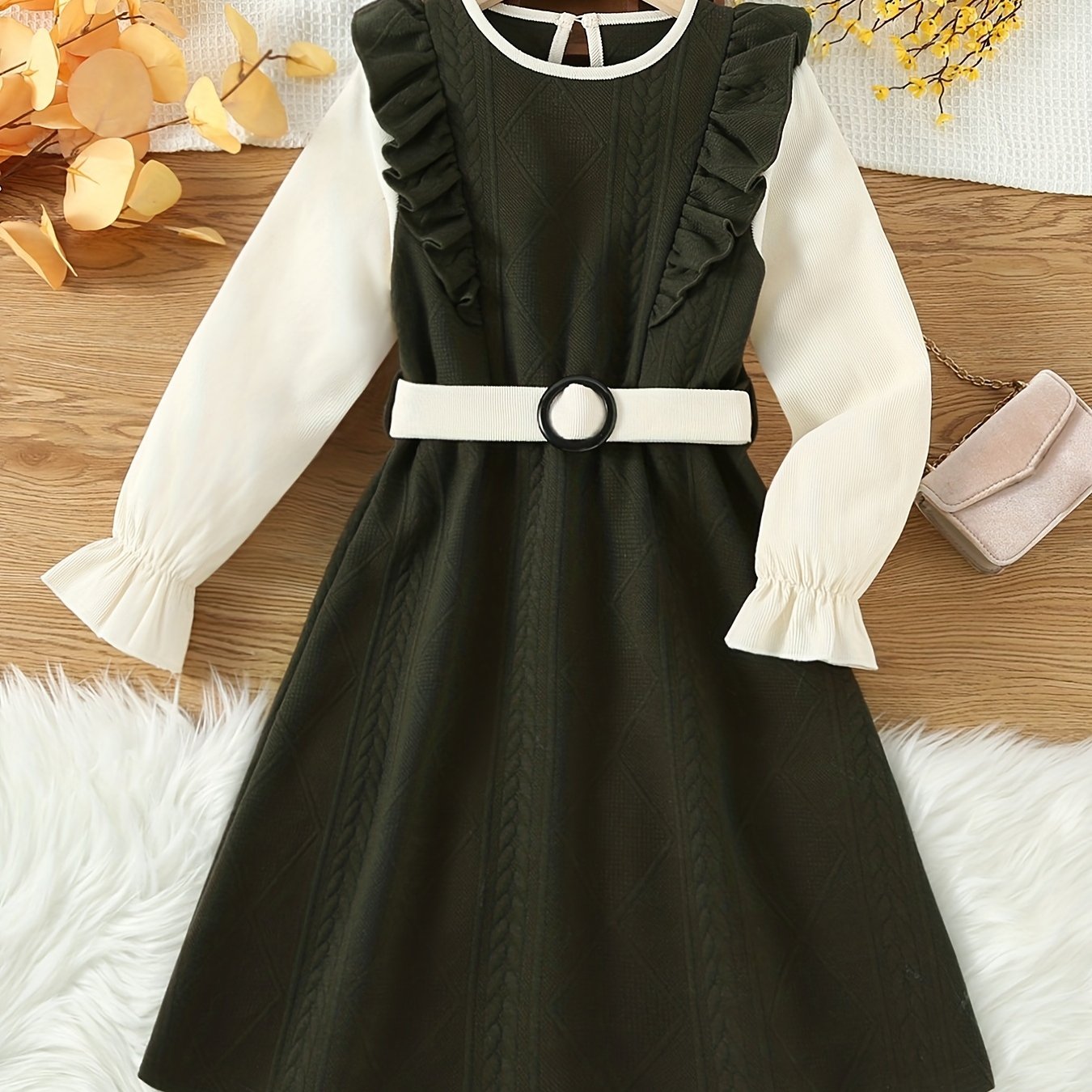 vlovelaw Girls' Color Block Flutter Trim Long Sleeve Fall/ Winter Casual Dress For Outwear, Pre Teen Girl Clothing Gift Idea