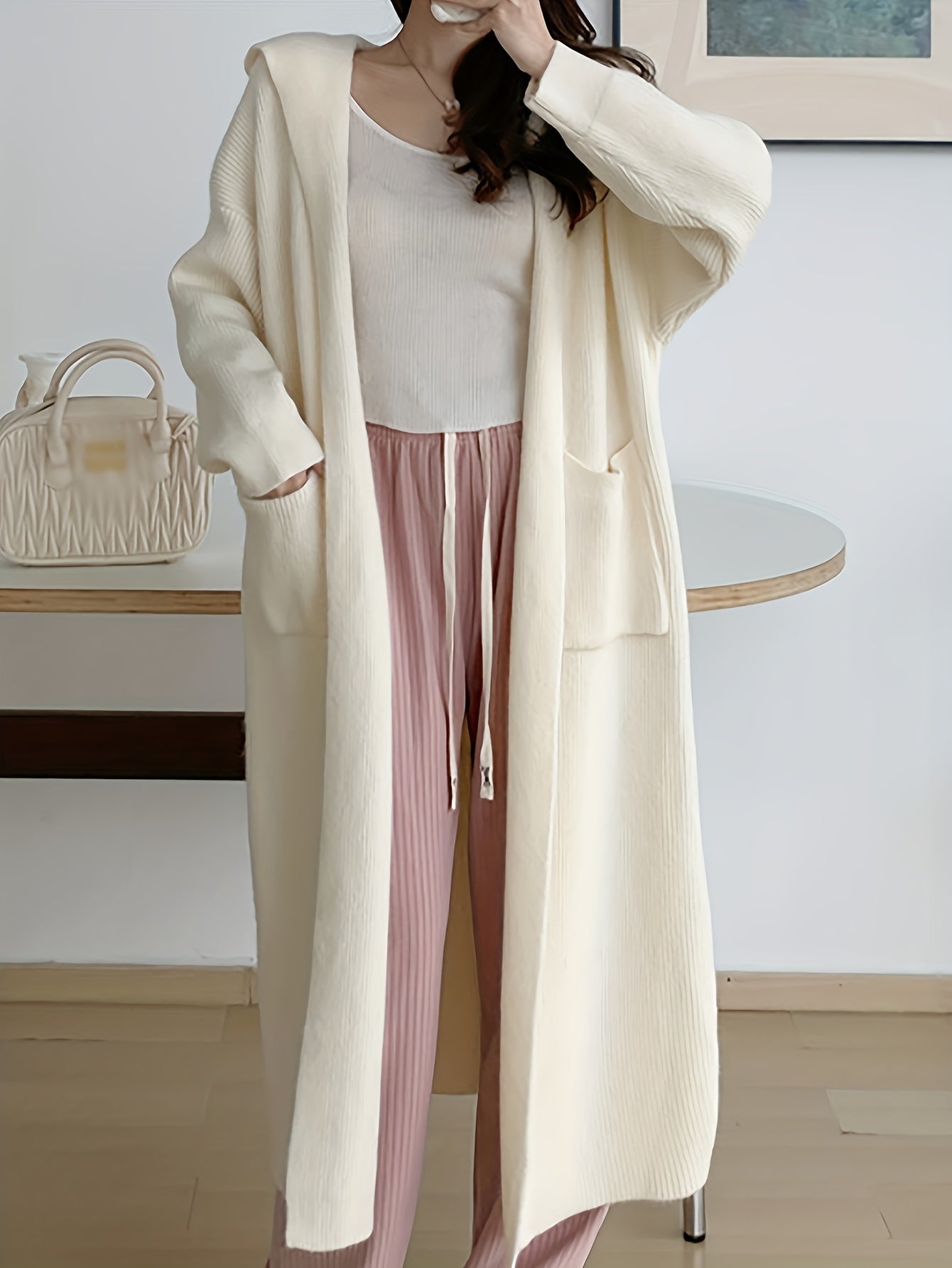 vlovelaw Solid Open Front Hooded Knit Cardigan, Casual Long Sleeve Mid Length Pocket Sweater Coat, Women's Clothing