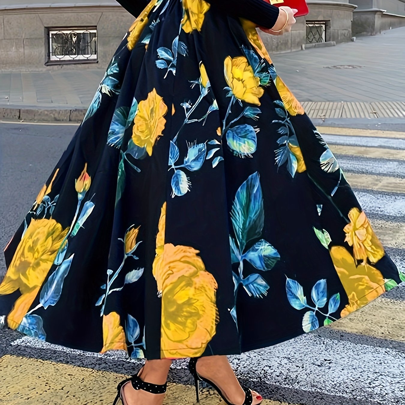 Plus Size Elegant Skirt, Women's Plus Floral Print Elastic High Rise Slight Stretch A-line Maxi Skirt