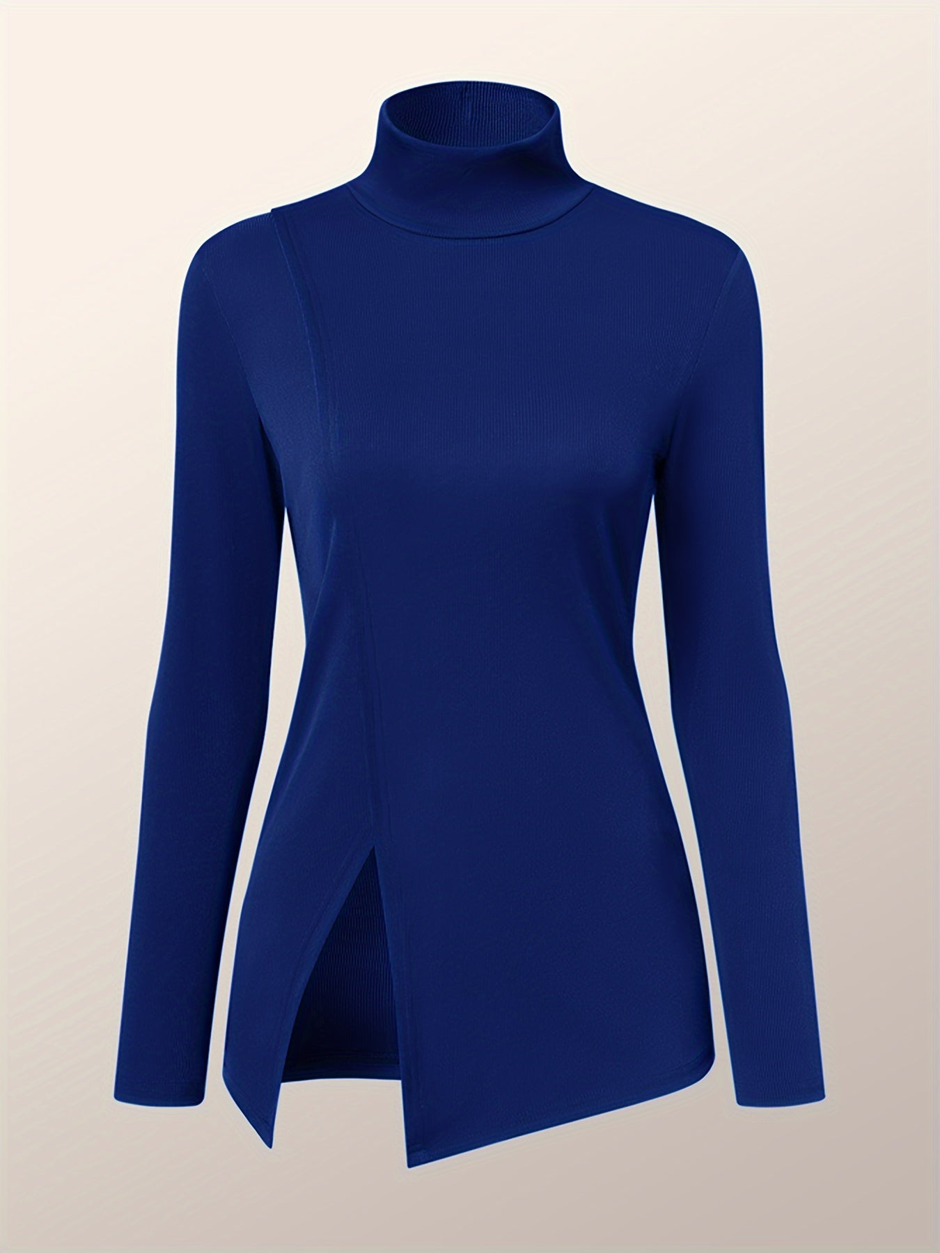 Solid Split Hem Mock Neck Top, Elegant Long Sleeve T-Shirt For Spring & Fall, Women's Clothing