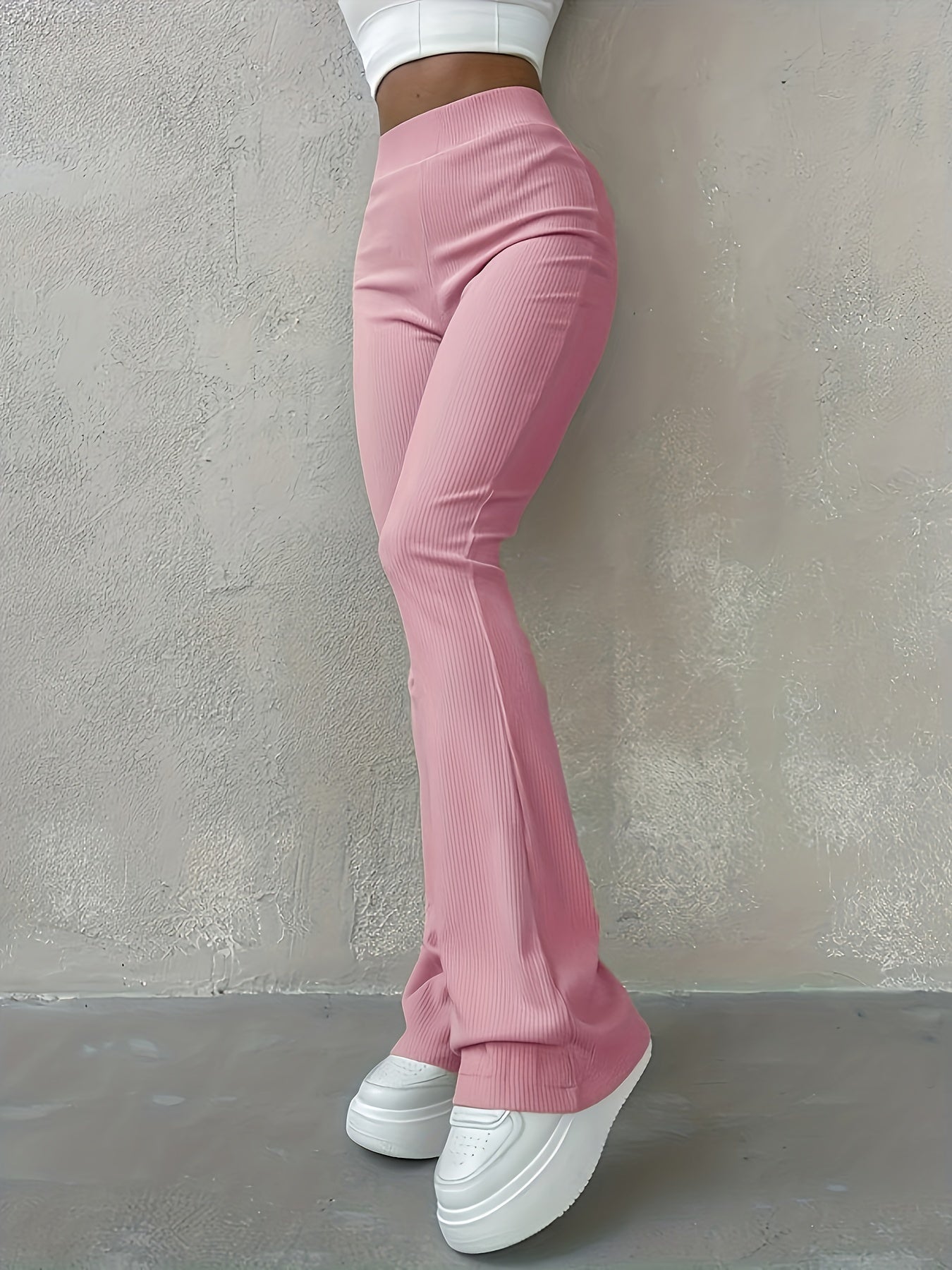 Solid Ribbed Flare Leg Pants, High Waist Slim Elastic Pants, Women's Clothing