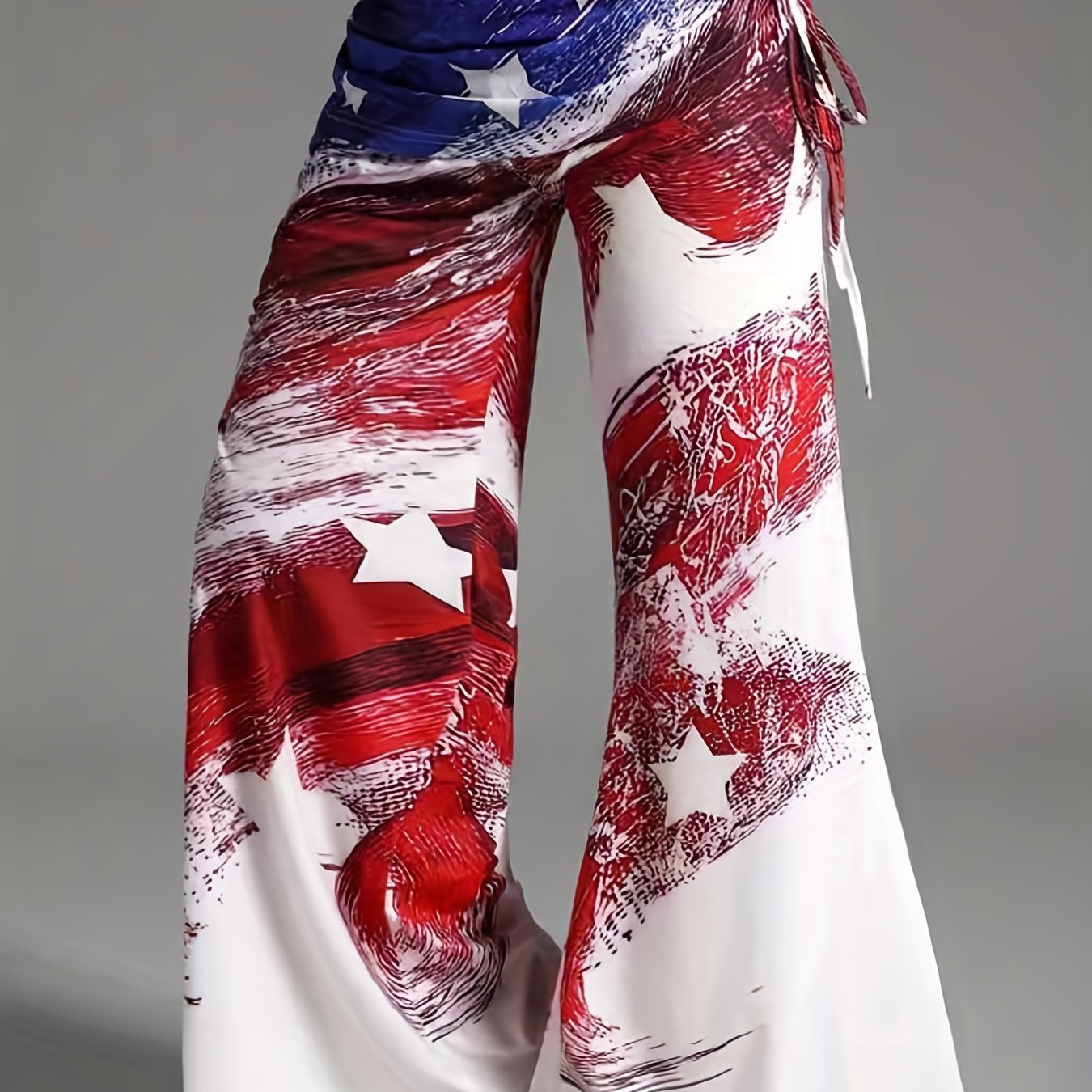 vlovelaw Flag Print Flare Leg Pants, Casual Ruched High Waist Pants For Spring & Fall, Women's Clothing