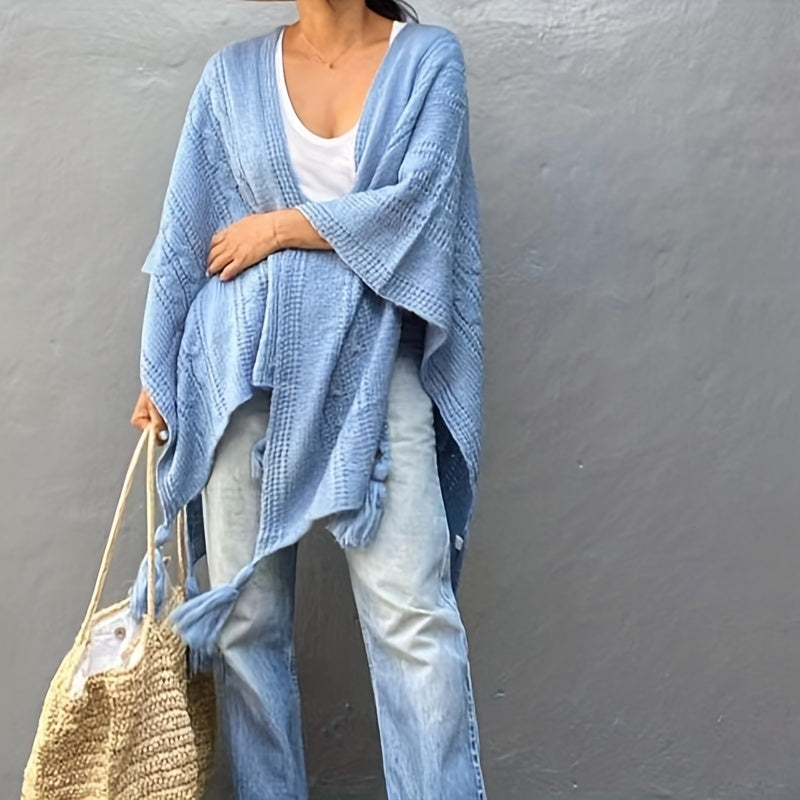 vlovelaw Ribbed Knitted Tassel Shawl Warm Windproof Wrap Poncho Boho Solid Color Cloak Trendy Sweater Cape Cardigan