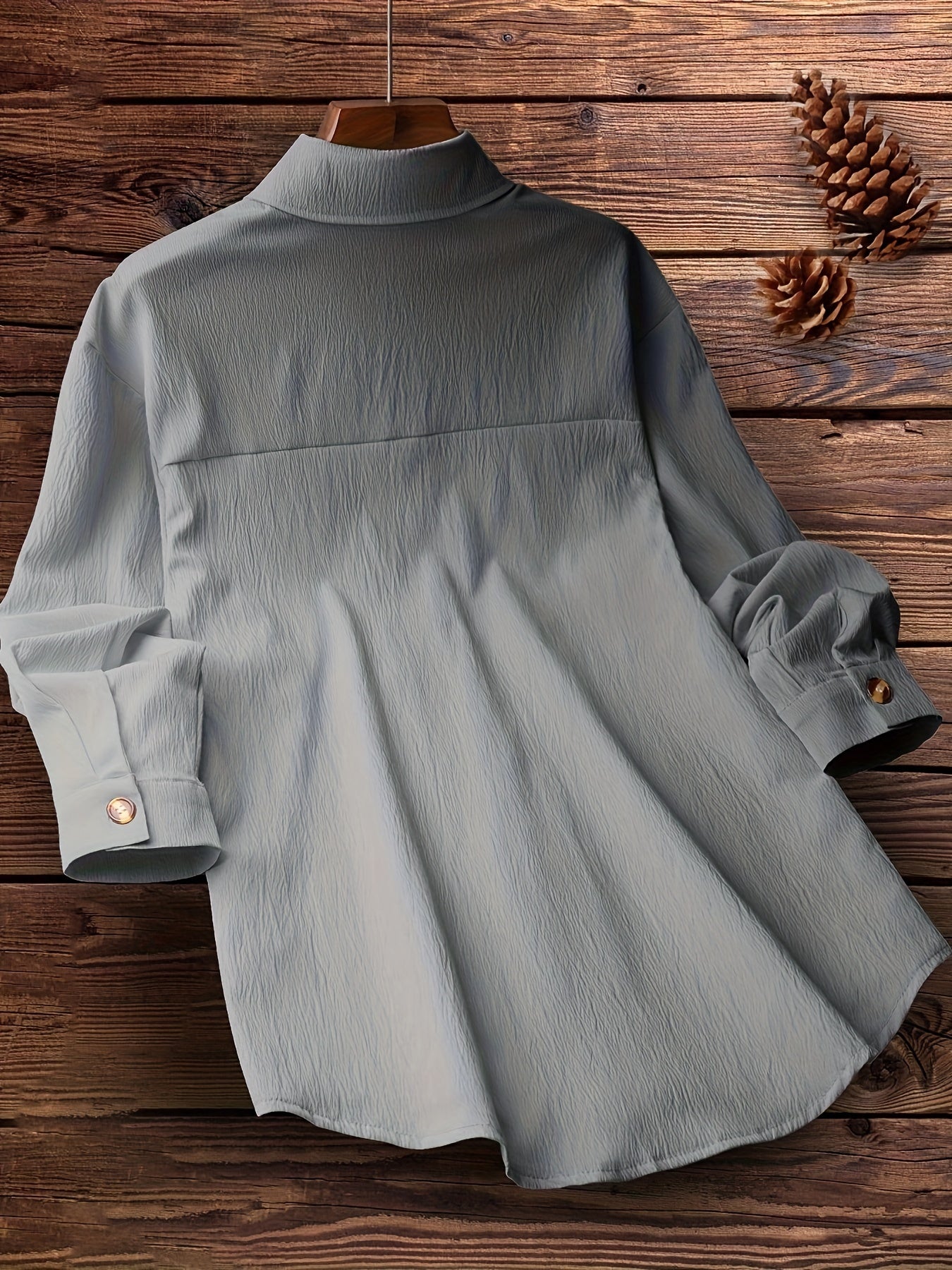 Solid Polo Collar Button Shirt, Casual Long Sleeve Shirt For Spring & Fall, Women's Clothing