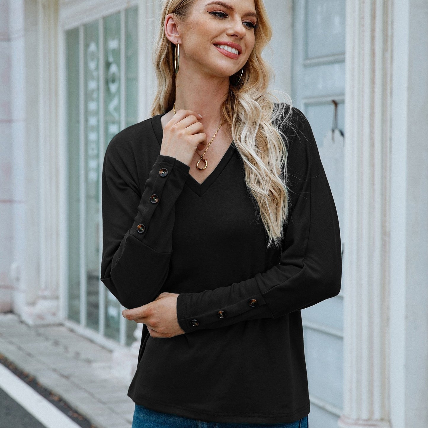 vlovelaw V Neck Oversized T-shirt, Casual Loose Long Sleeve Fashion T-Shirts Tops, Women's Clothing