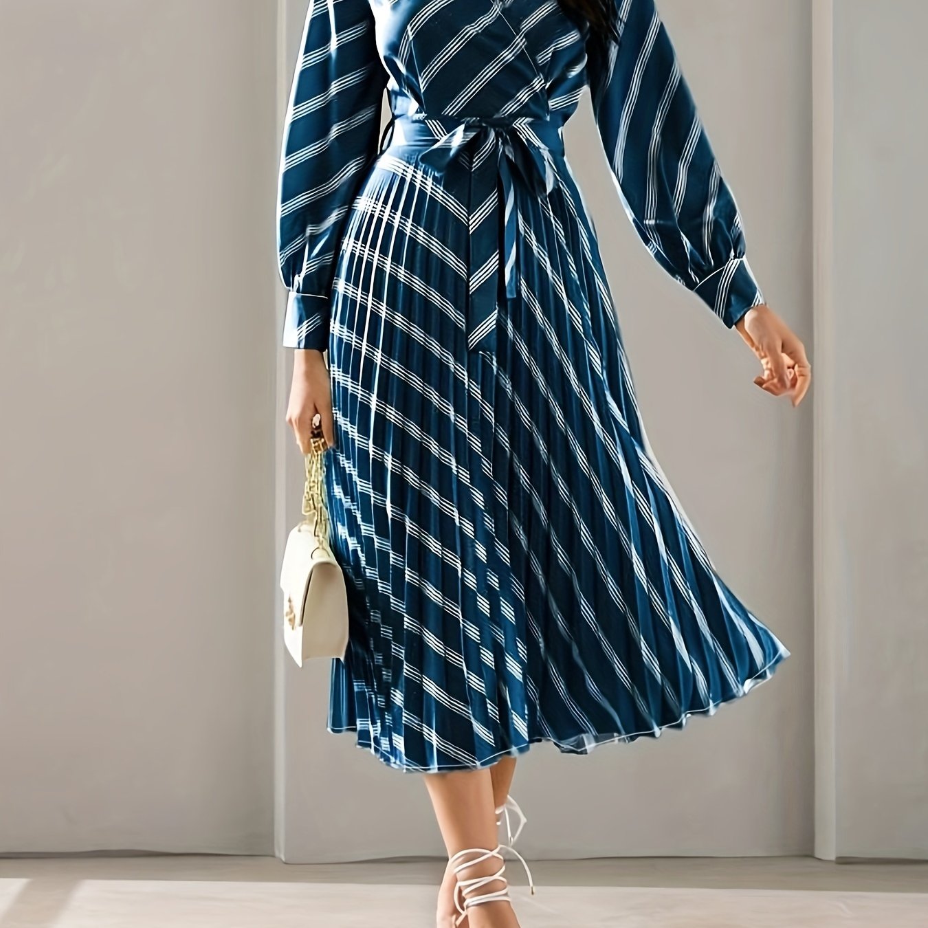vlovelaw Striped Surplice Neck Dress, Elegant Long Sleeve Belted Dress For Spring & Fall, Women's Clothing