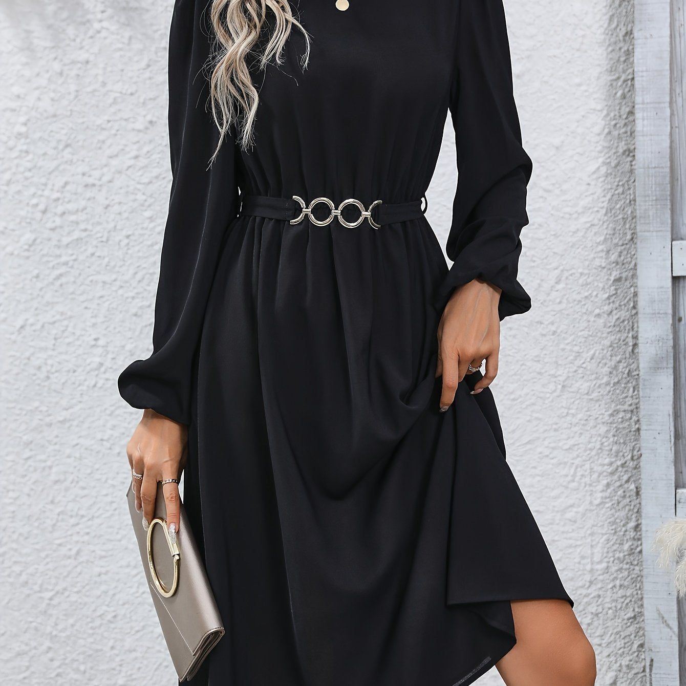 vlovelaw Solid Color Tie Back Dress, Elegant Chain Belt Crew Neck Long Sleeve Dress For Spring & Fall, Women's Clothing