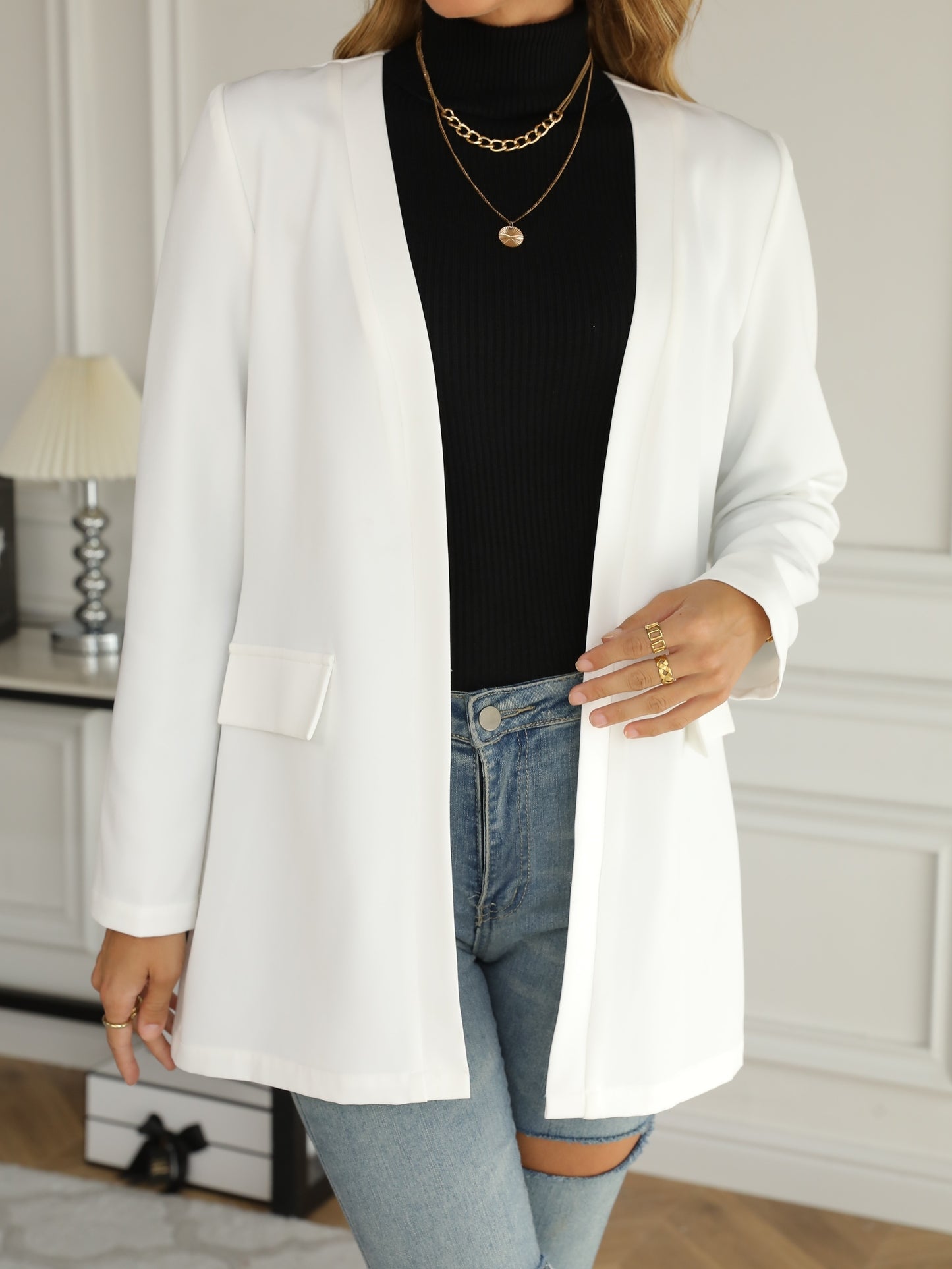 Solid Open Front Blazer, Casual Long Sleeve Work Office Outerwear, Women's Clothing