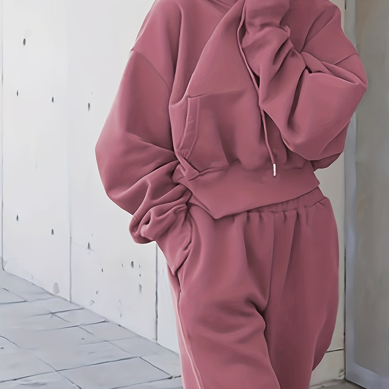 vlovelaw 2pcs Athleisure Set, Oversized Solid Hooded Pocket Drawstring Sweatshirts & Sweatpants Sets, Women's Clothing