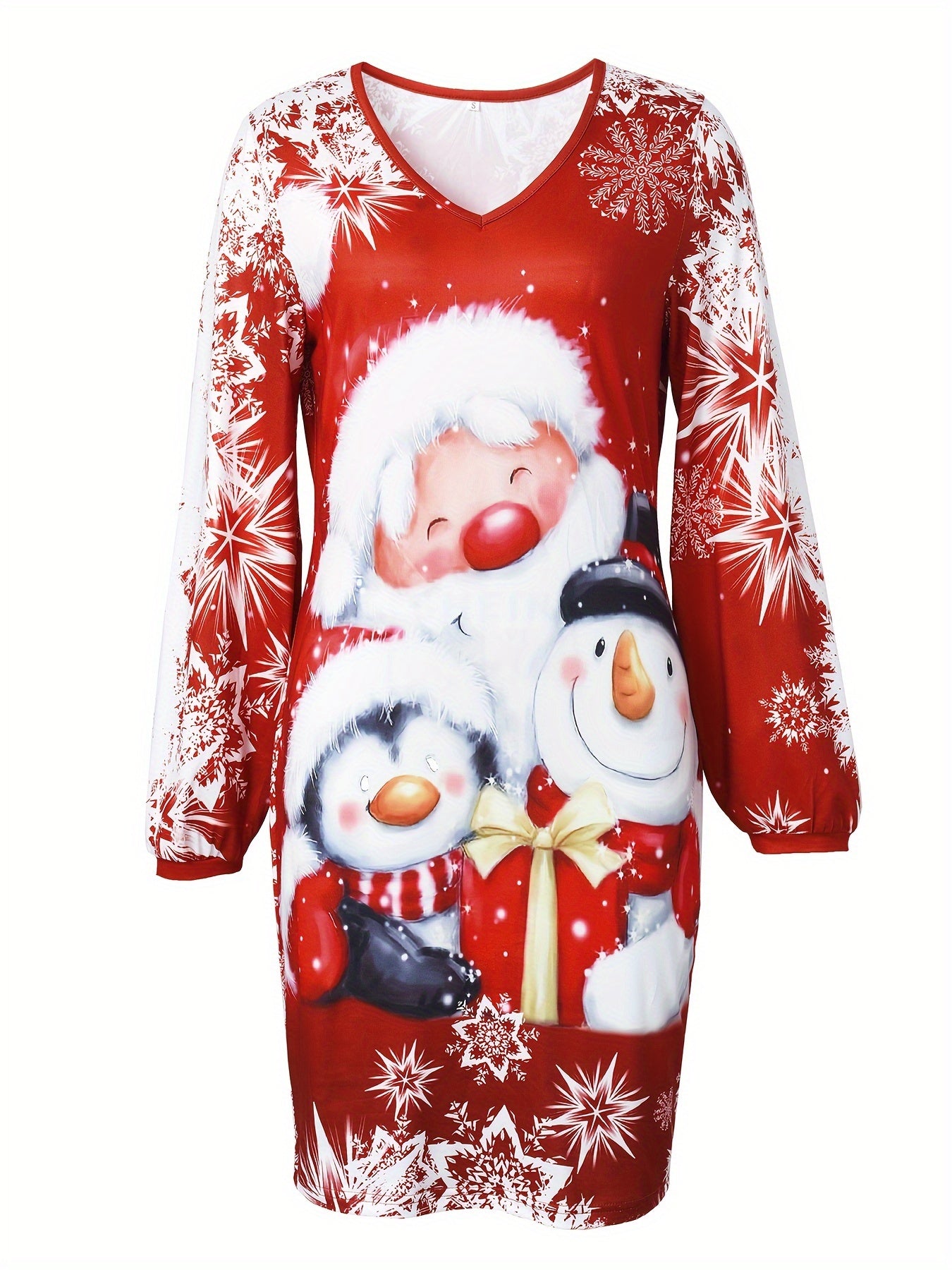 vlovelaw Christmas Santa Print Dress, Casual V Neck Long Sleeve Mini Dress, Women's Clothing