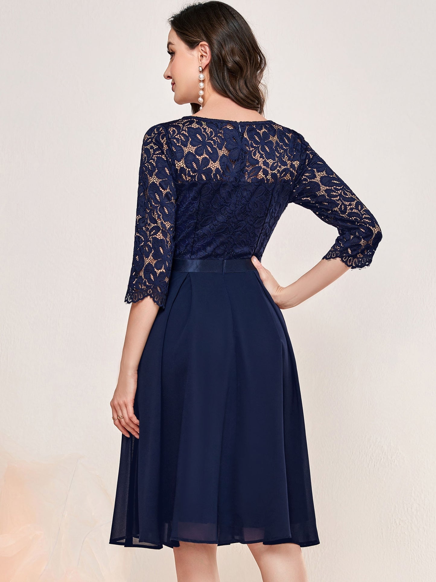 Contrast Lace Half Sleeve Dress, Elegant V Neck Cinched Waist Dress For Party & Banquet, Women's Clothing