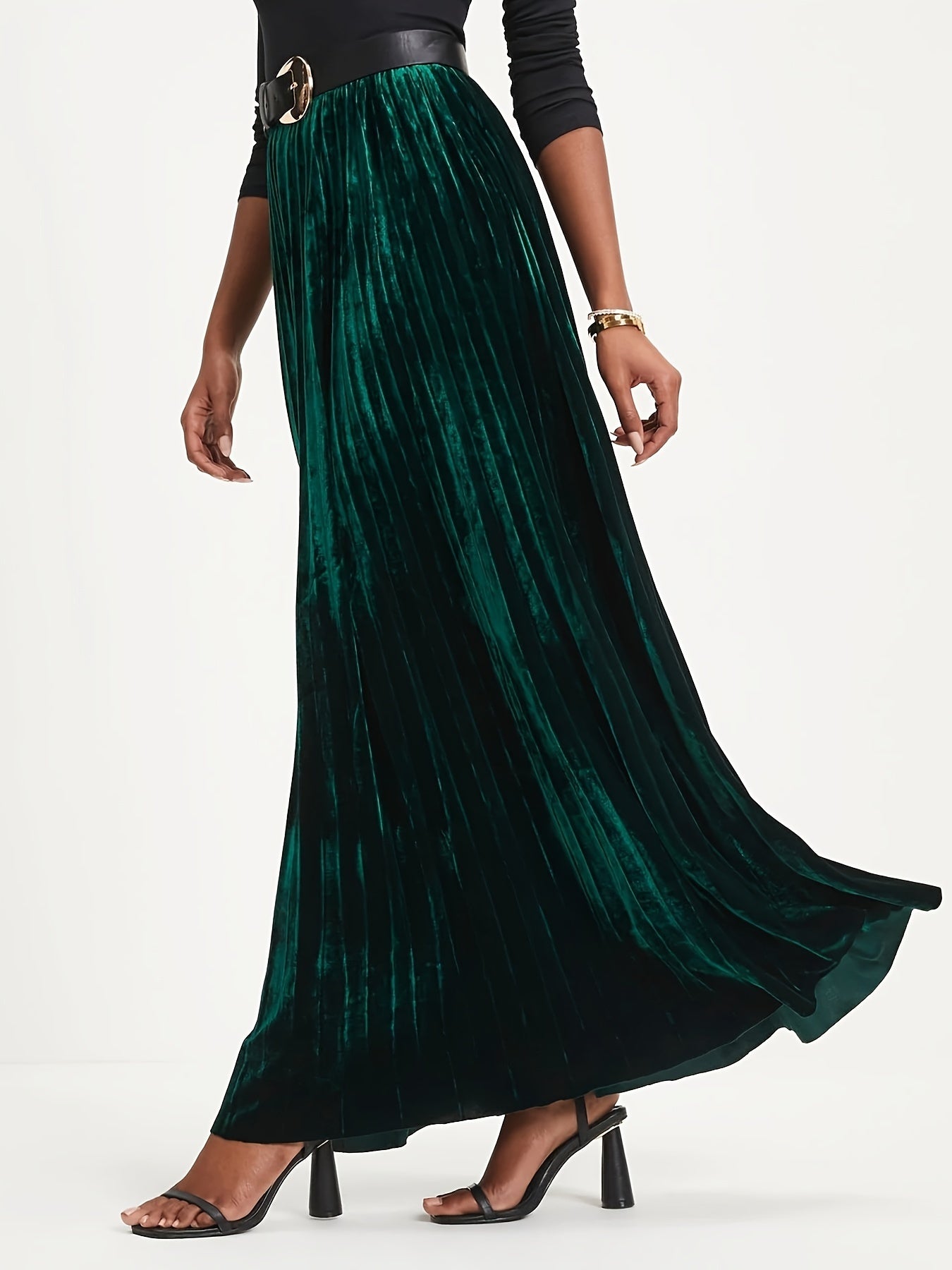 Plus Size Retro Skirt, Women's Plus Solid Velvet Elastic High Rise Maxi Pleated Skirt