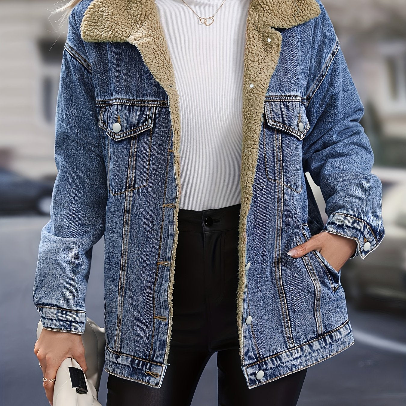 vlovelaw Fleece Lined Single-breasted Long Sleeve Denim Jacket Lapel Slash Pocket Comfy Warm Winter Denim Coat, Women's Denim Jeans & Clothing