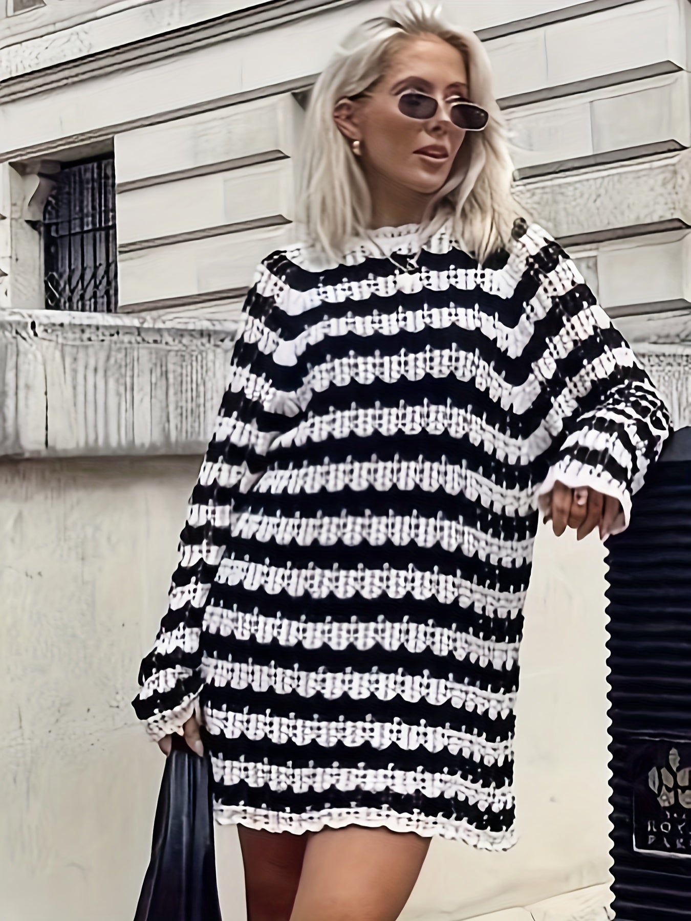 vlovelaw Striped Oversized Long Length Pullover Sweater, Casual Long Sleeve Sweater For Spring & Fall, Women's Clothing