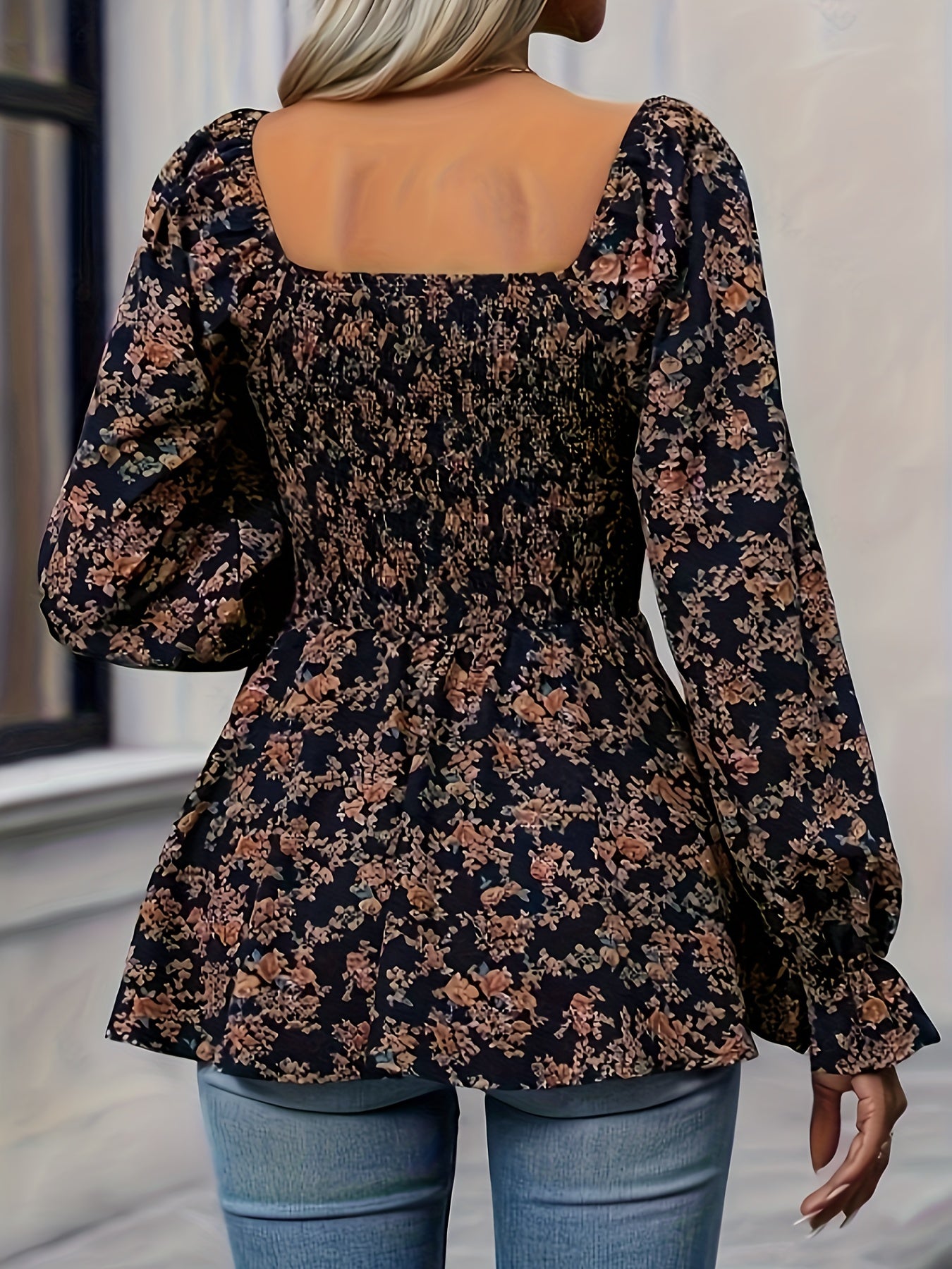 vlovelaw Floral Print Square Neck Flare Blouse, Casual Lantern Sleeve Shirred Blouse For Spring & Fall, Women's Clothing