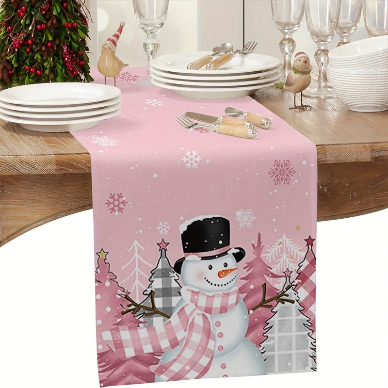 1pc Vibrant Pink Snowman Christmas Table Runner - Long, Farmhouse Style, Snowflake Pattern, Waterproof, Easy to Clean, Perfect for Home Party, Kitchen Dinner, Holiday Table Decoration - Add a Touch of Festive Cheer to Your Celebration