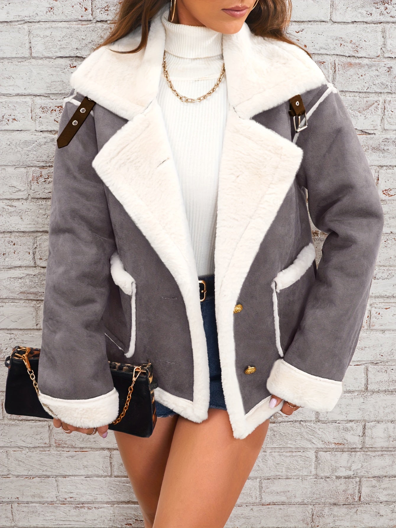 vlovelaw  Lapel Plush Jacket, Winter Warm Casual Outwear, Women's Clothing