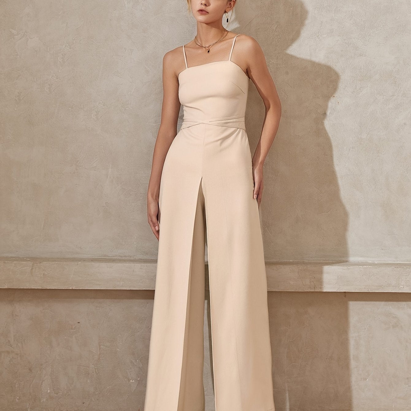 vlovelaw Solid Tie Back Cami Jumpsuit, Elegant Sleeveless Wide Leg Jumpsuit For Spring & Summer, Women's Clothing