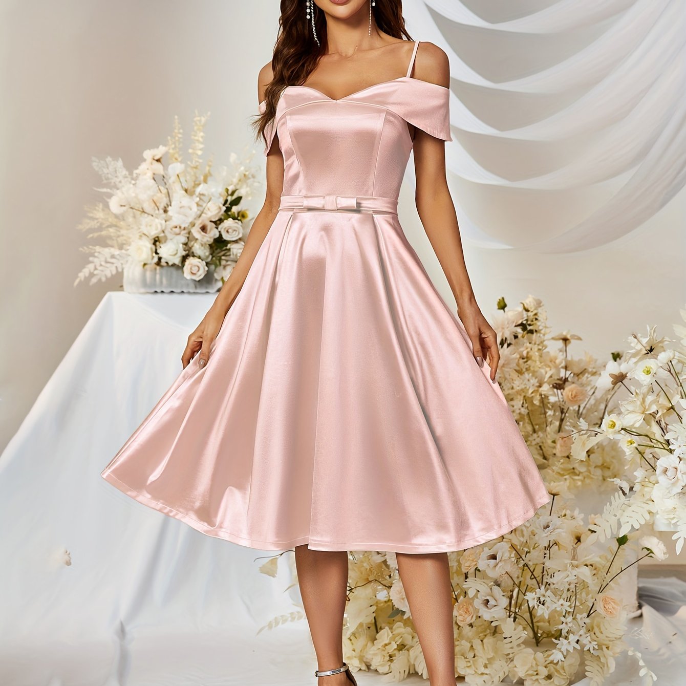 vlovelaw Cold Shoulder V Neck Dress, Elegant Strap Flare Dress For Party & Banquet, Women's Clothing