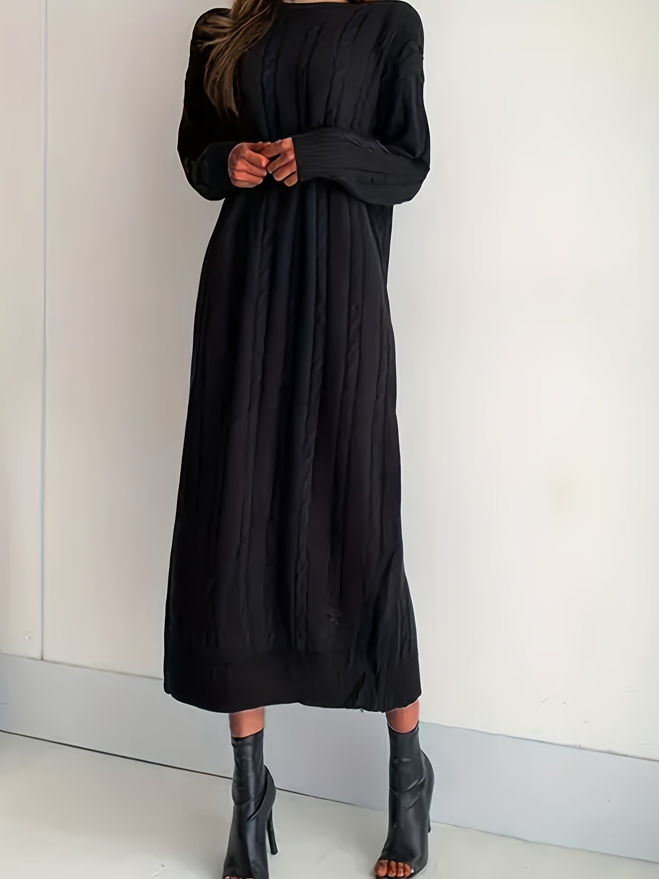Solid Cable Knit Sweater Dress, Casual Long Sleeve Midi Dress, Women's Clothing