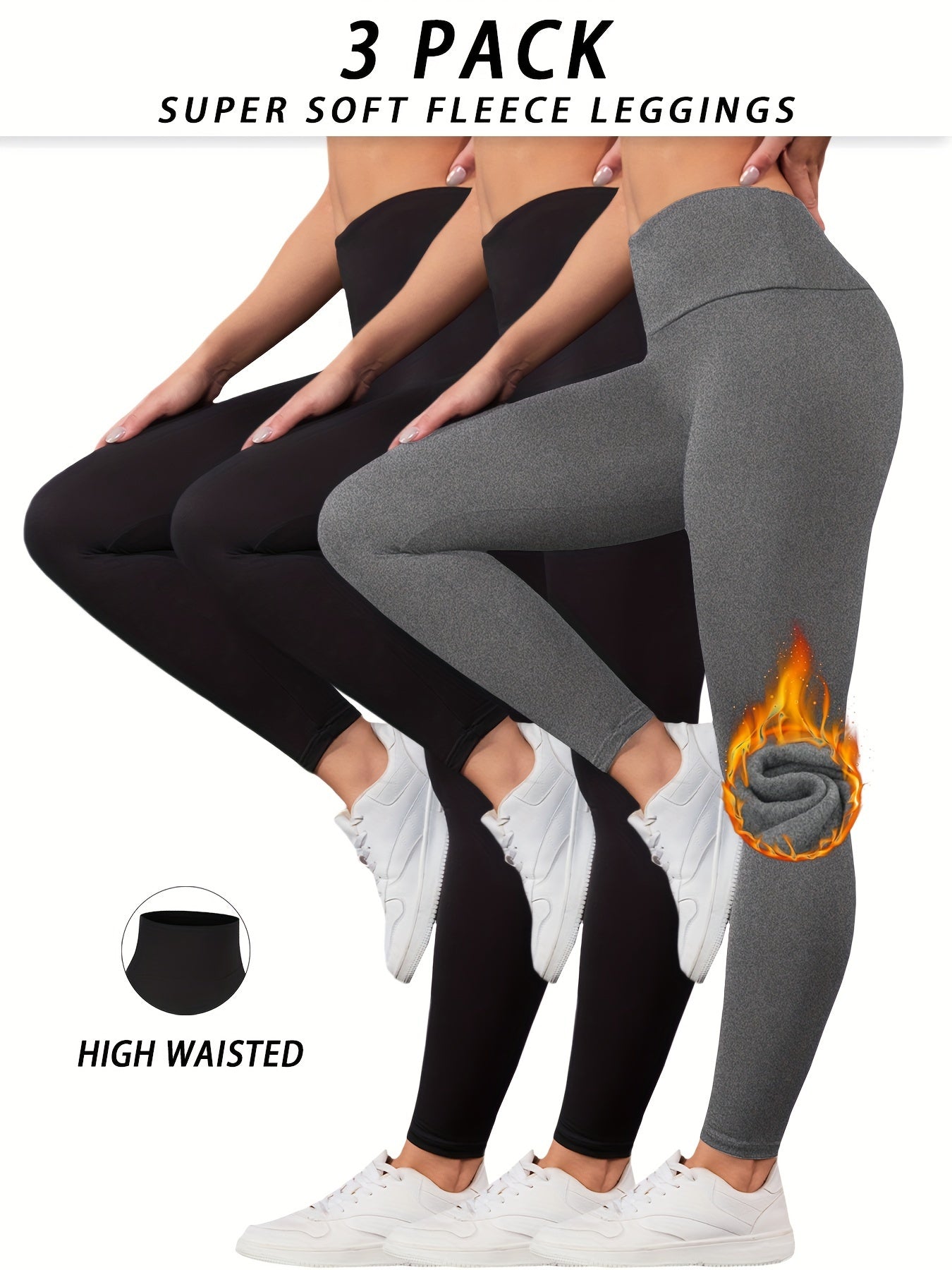 3pcs Women's High-Waist Fleece-Lined Thermal Leggings - Stretchy, Non-See-Through, Perfect for Winter Workouts & Yoga