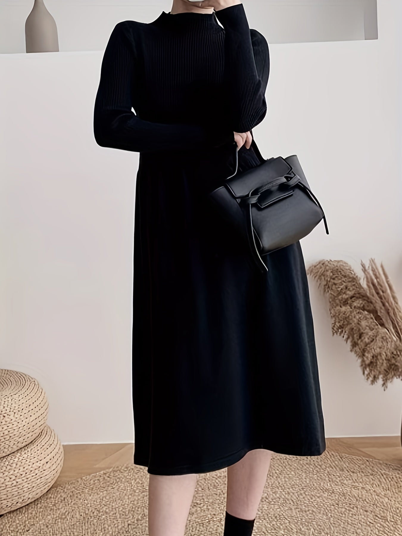vlovelaw Solid Mock Neck Splicing Dress, Elegant Long Sleeve Aline Dress For Spring & Fall, Women's Clothing