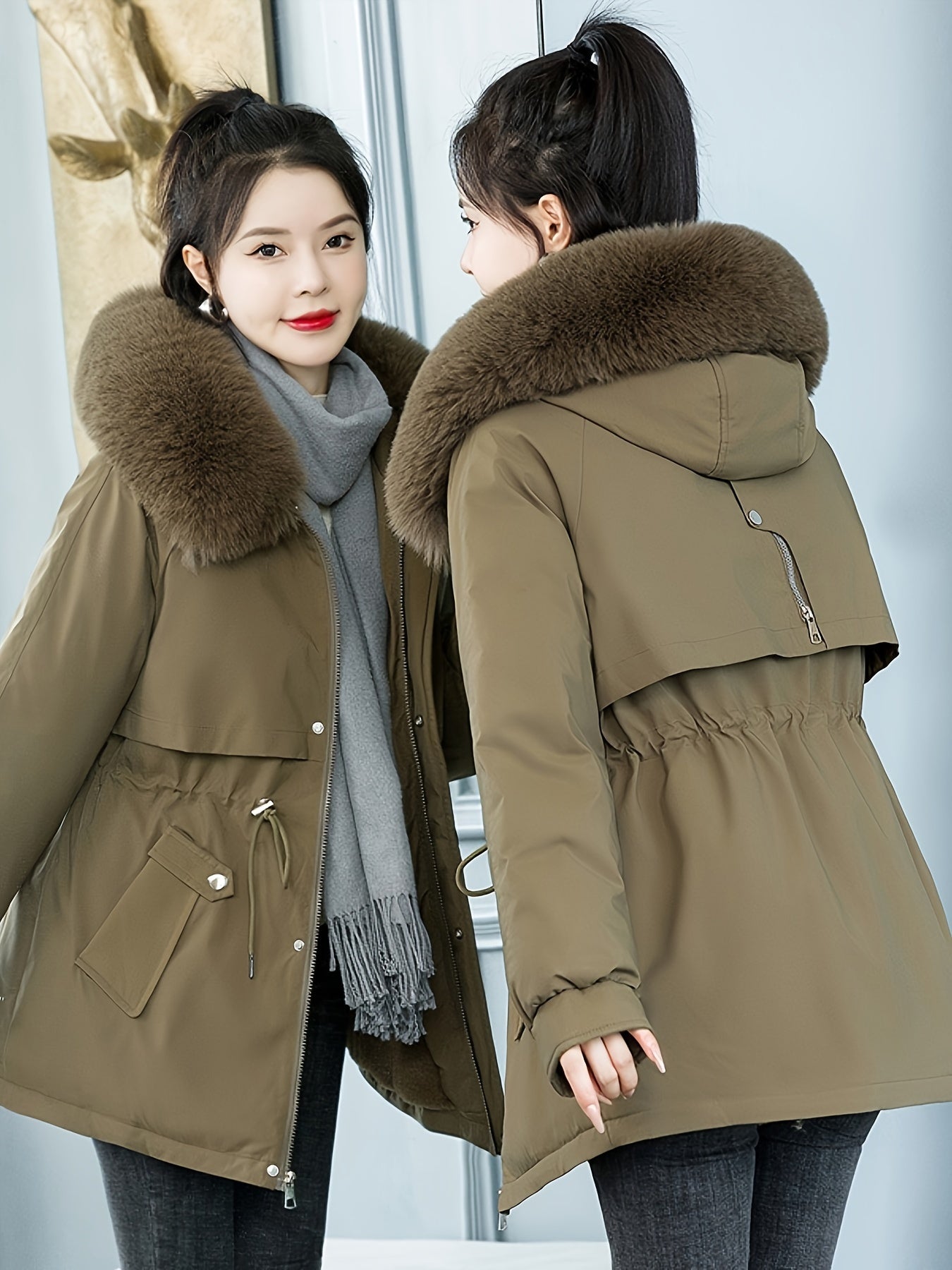 Women's Winter Parka - Casual Long Sleeve, Faux Fur Hooded Coat with Drawstring Waist & Plush Lining for Warmth