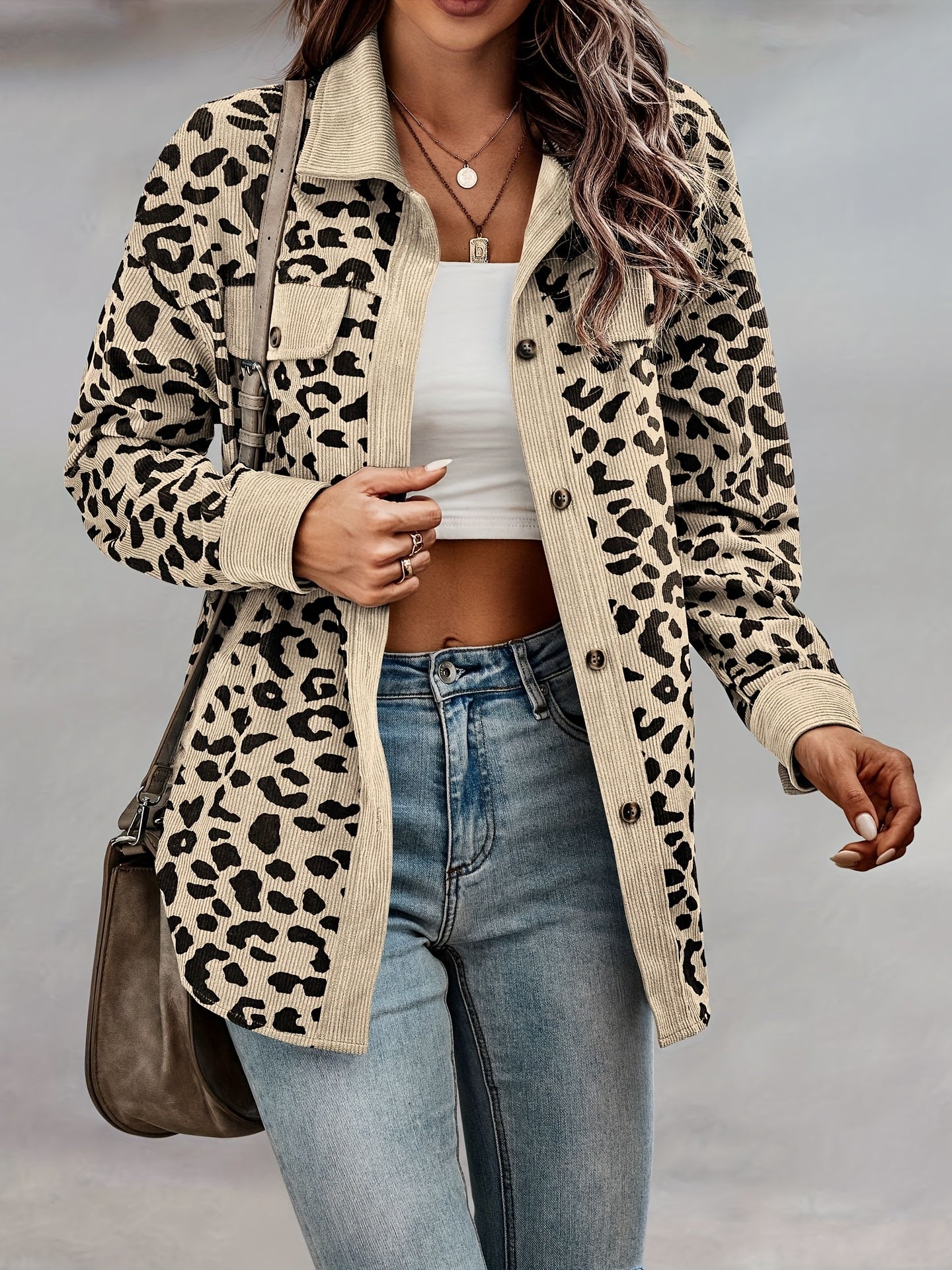 vlovelaw Leopard Print Shacket Jacket, Casual Button Front Turn Down Collar Long Sleeve Outerwear, Women's Clothing