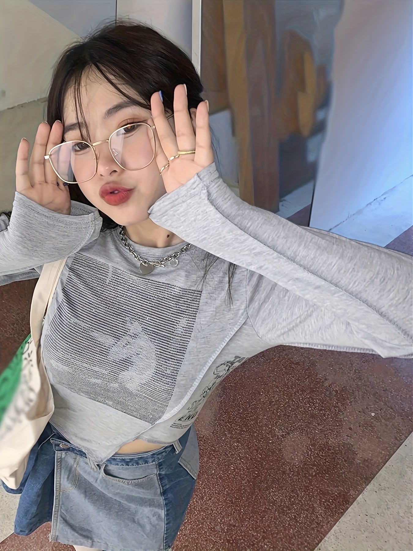 vlovelaw Graphic Print Crew Neck Irregular Hem T-Shirt, Casual Long Sleeve Top For Spring & Fall, Women's Clothing