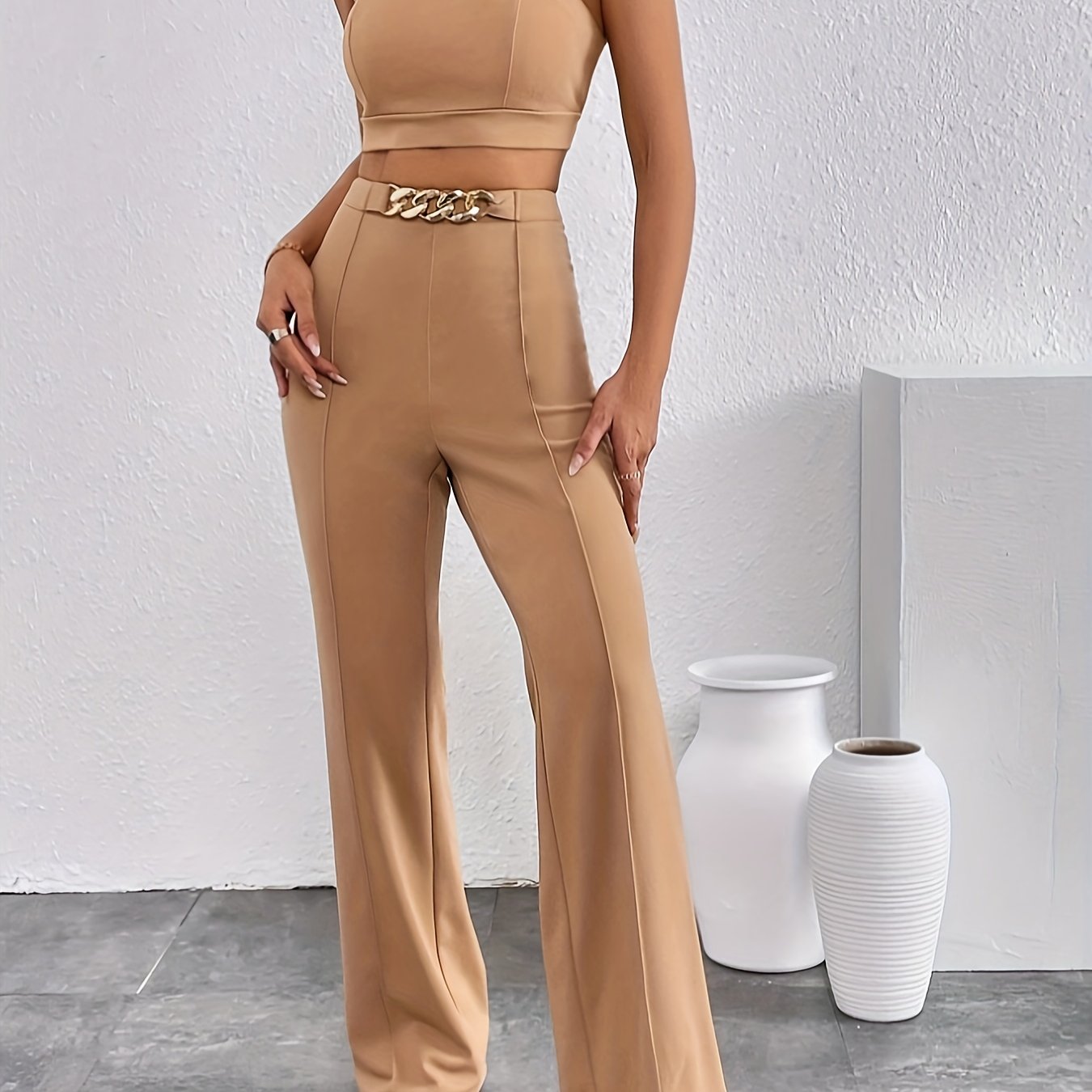 vlovelaw Elegant Solid Color Two-piece, Chain Strap Backless Crop Top & High Waist Straight Leg Pants Outfits, Women's Clothing